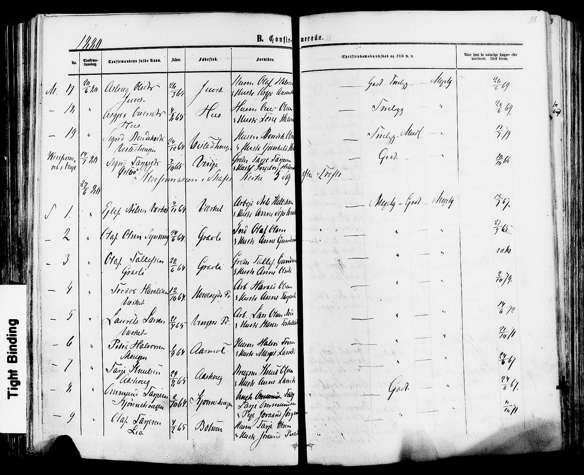 Mo kirkebøker, AV/SAKO-A-286/F/Fa/L0006: Parish register (official) no. I 6, 1865-1885, p. 148