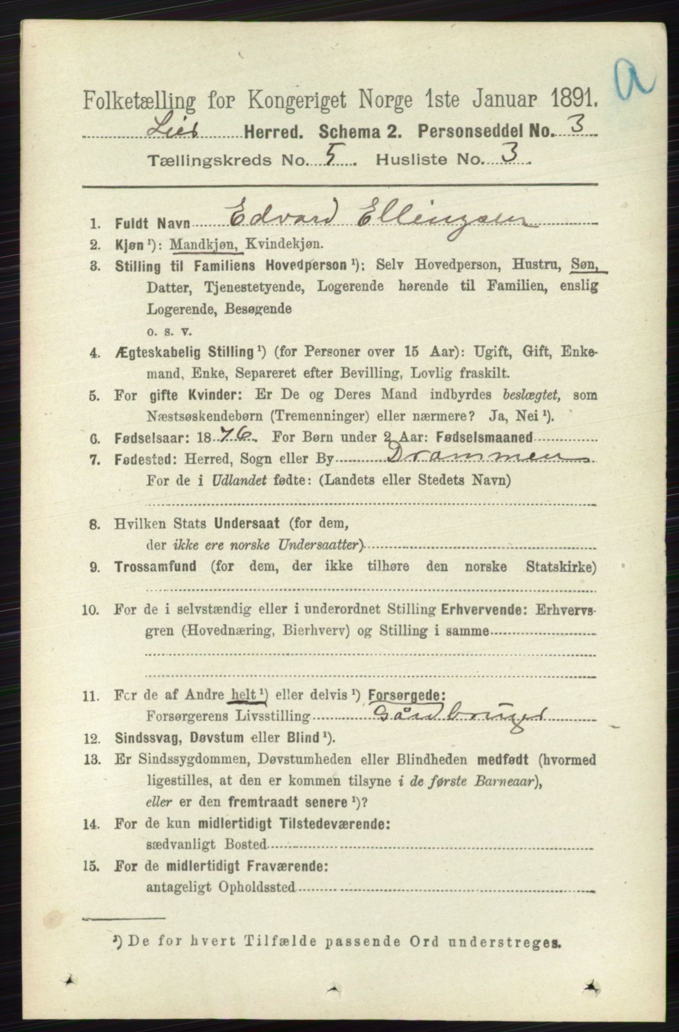 RA, 1891 census for 0626 Lier, 1891, p. 3291