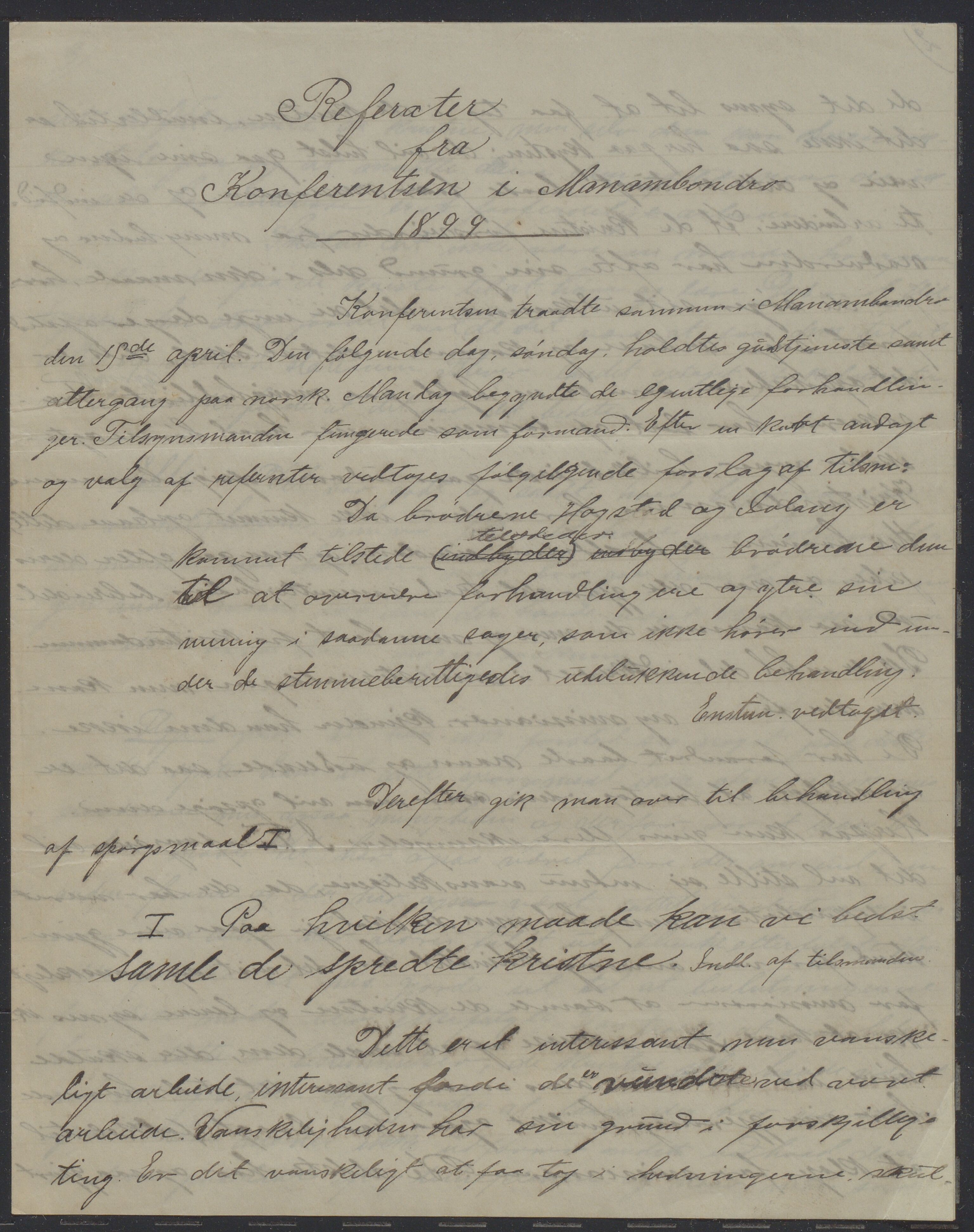 Det Norske Misjonsselskap - hovedadministrasjonen, VID/MA-A-1045/D/Da/Daa/L0043/0004: Konferansereferat og årsberetninger / Konferansereferat fra Øst-Madagaskar., 1899, p. 1