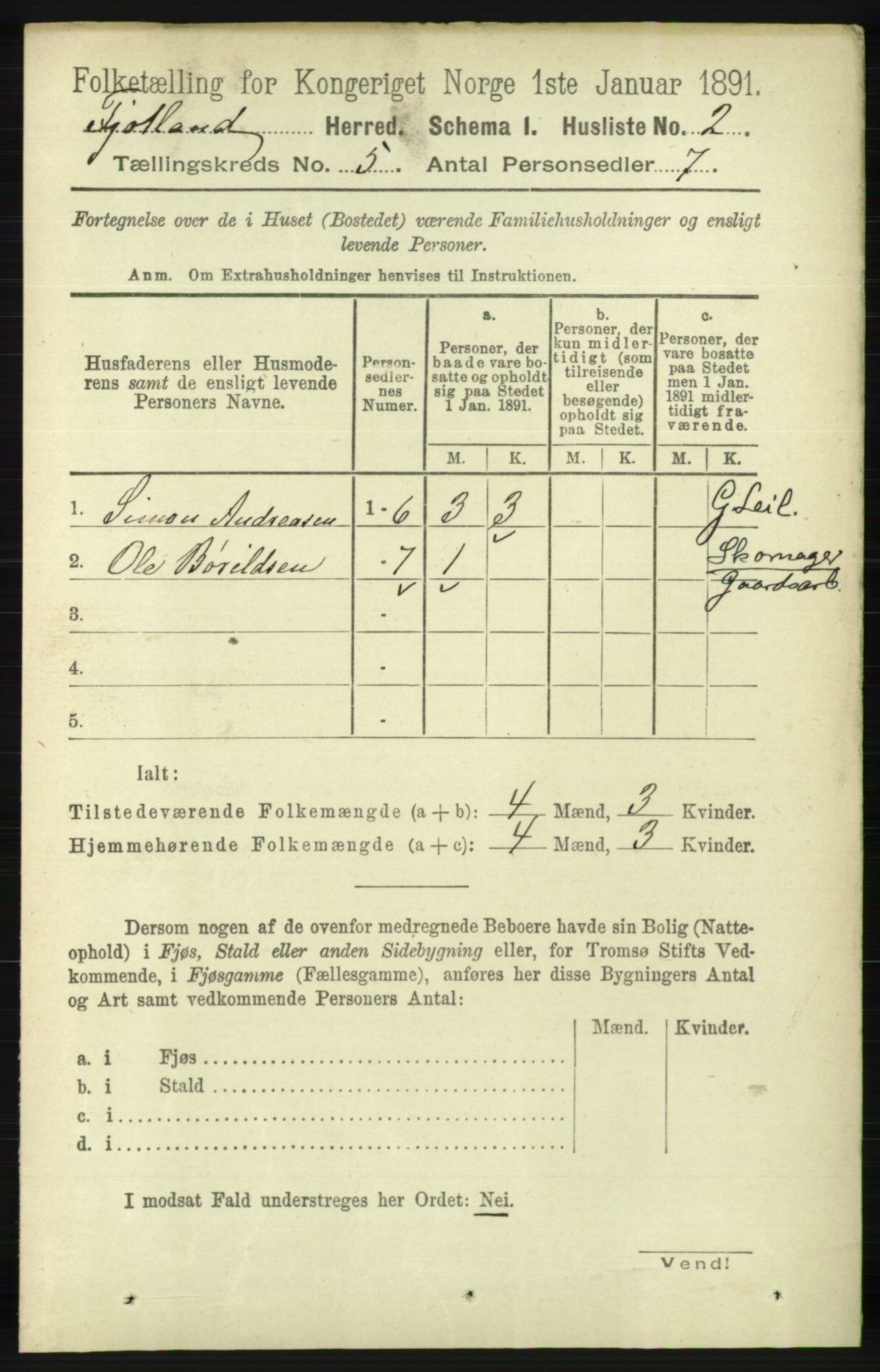 RA, 1891 census for 1036 Fjotland, 1891, p. 700