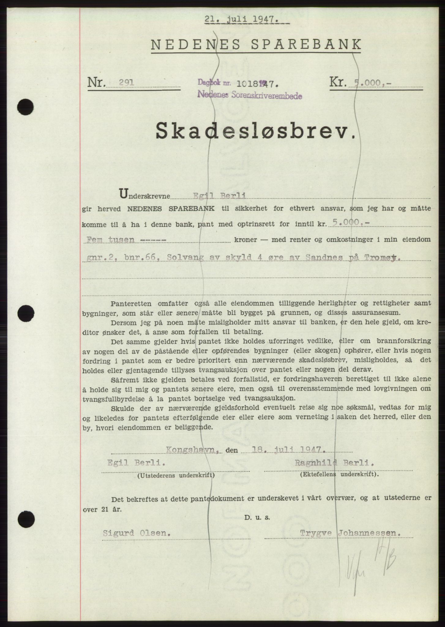 Nedenes sorenskriveri, AV/SAK-1221-0006/G/Gb/Gbb/L0004: Mortgage book no. B4, 1947-1947, Diary no: : 1018/1947