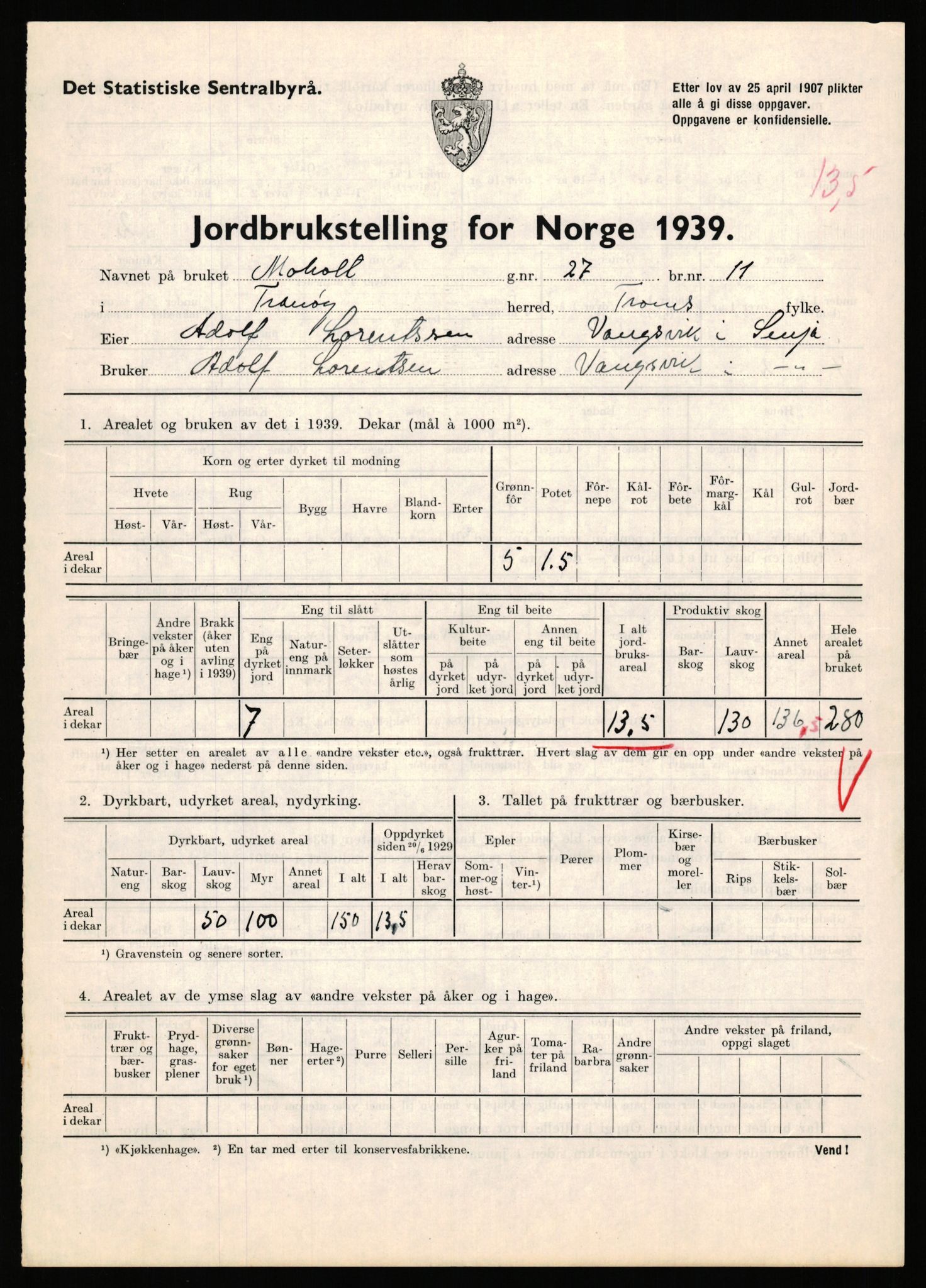 Statistisk sentralbyrå, Næringsøkonomiske emner, Jordbruk, skogbruk, jakt, fiske og fangst, AV/RA-S-2234/G/Gb/L0341: Troms: Sørreisa og Tranøy, 1939, p. 1031