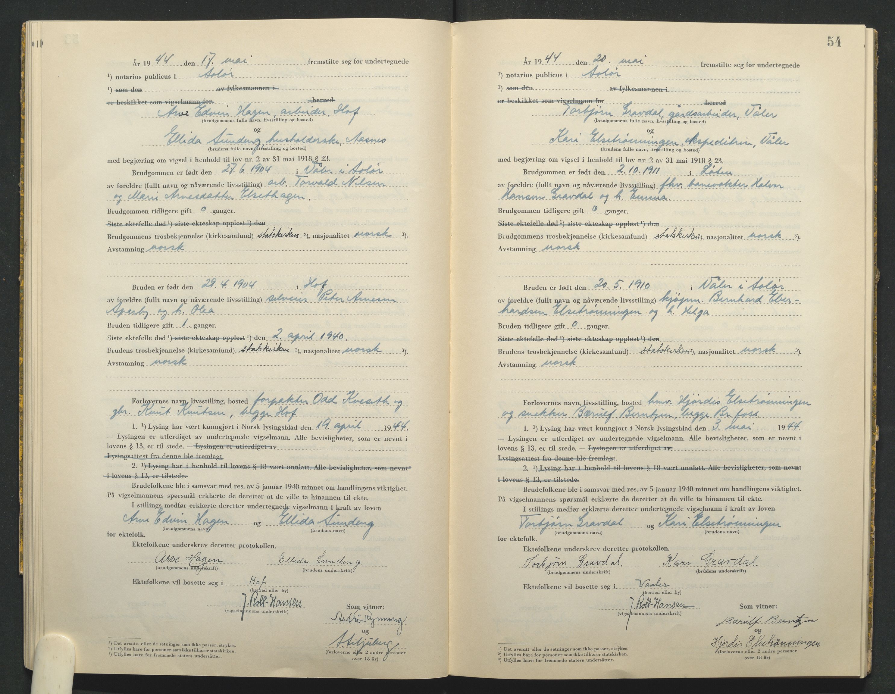 Solør tingrett, AV/SAH-TING-008/L/Lb/L0002: Vigselprotokoll, 1943-1944, p. 54