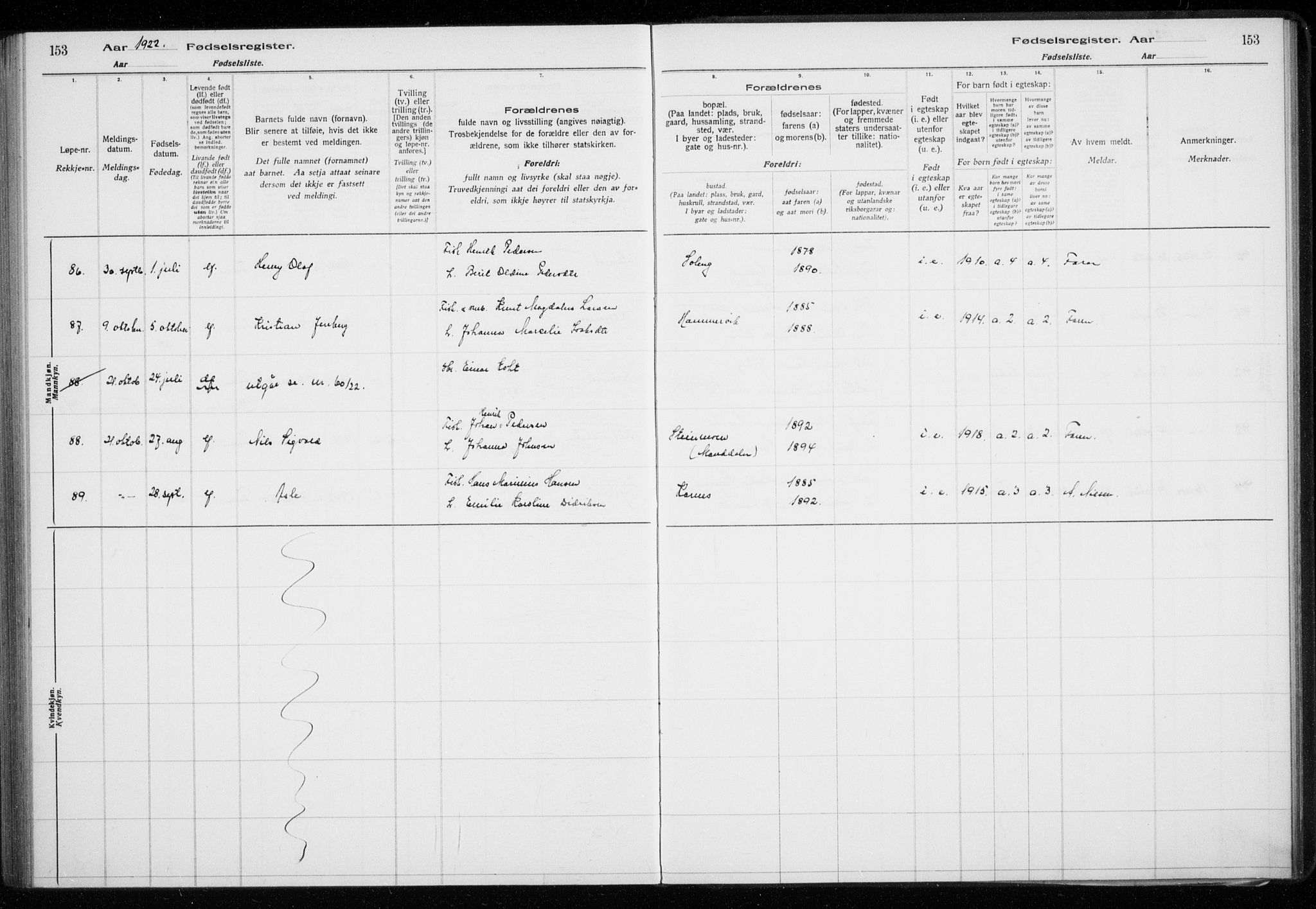 Lyngen sokneprestembete, AV/SATØ-S-1289/I/Ia/L0075: Birth register no. 75, 1916-1924, p. 153