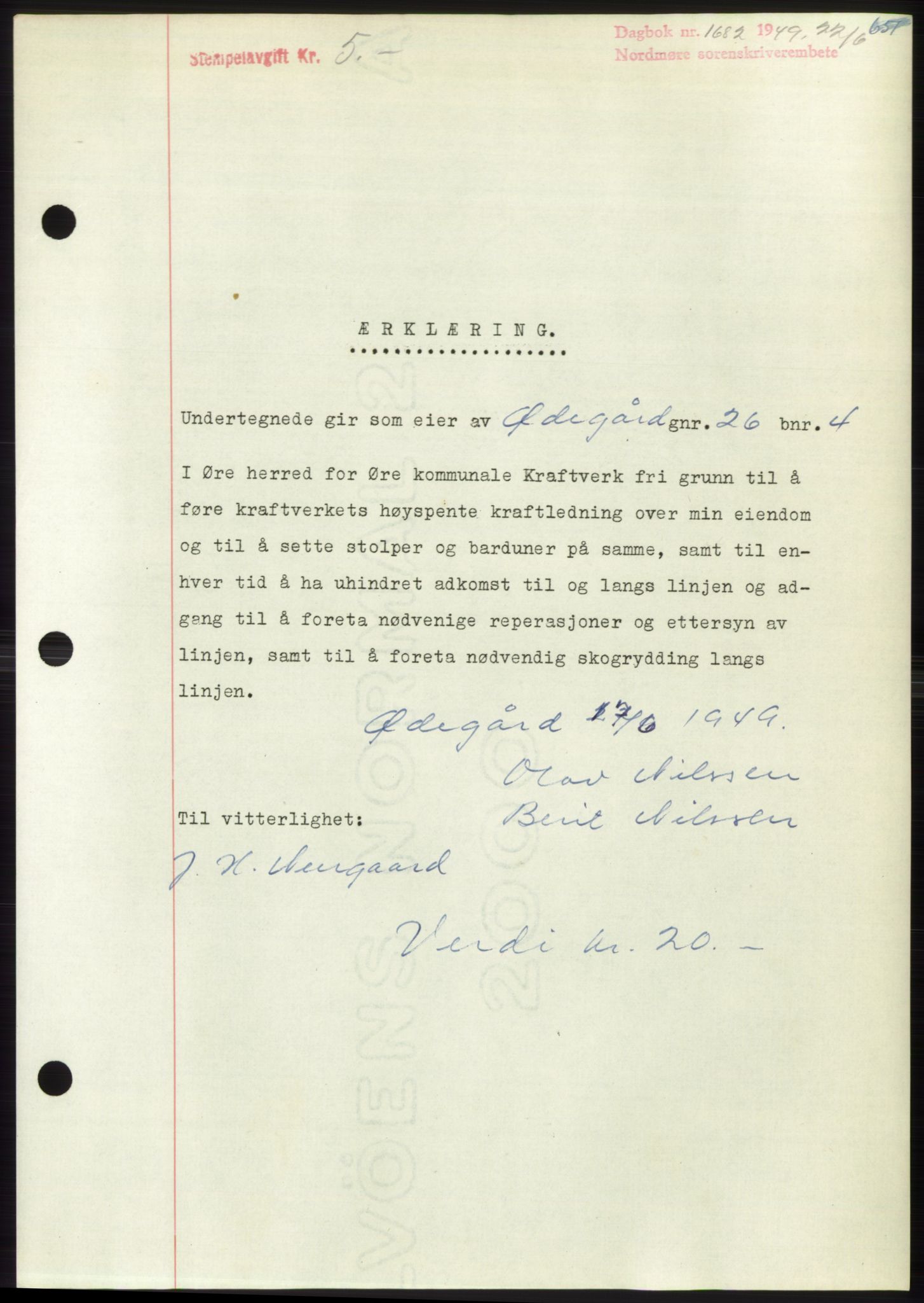 Nordmøre sorenskriveri, AV/SAT-A-4132/1/2/2Ca: Mortgage book no. B101, 1949-1949, Diary no: : 1682/1949