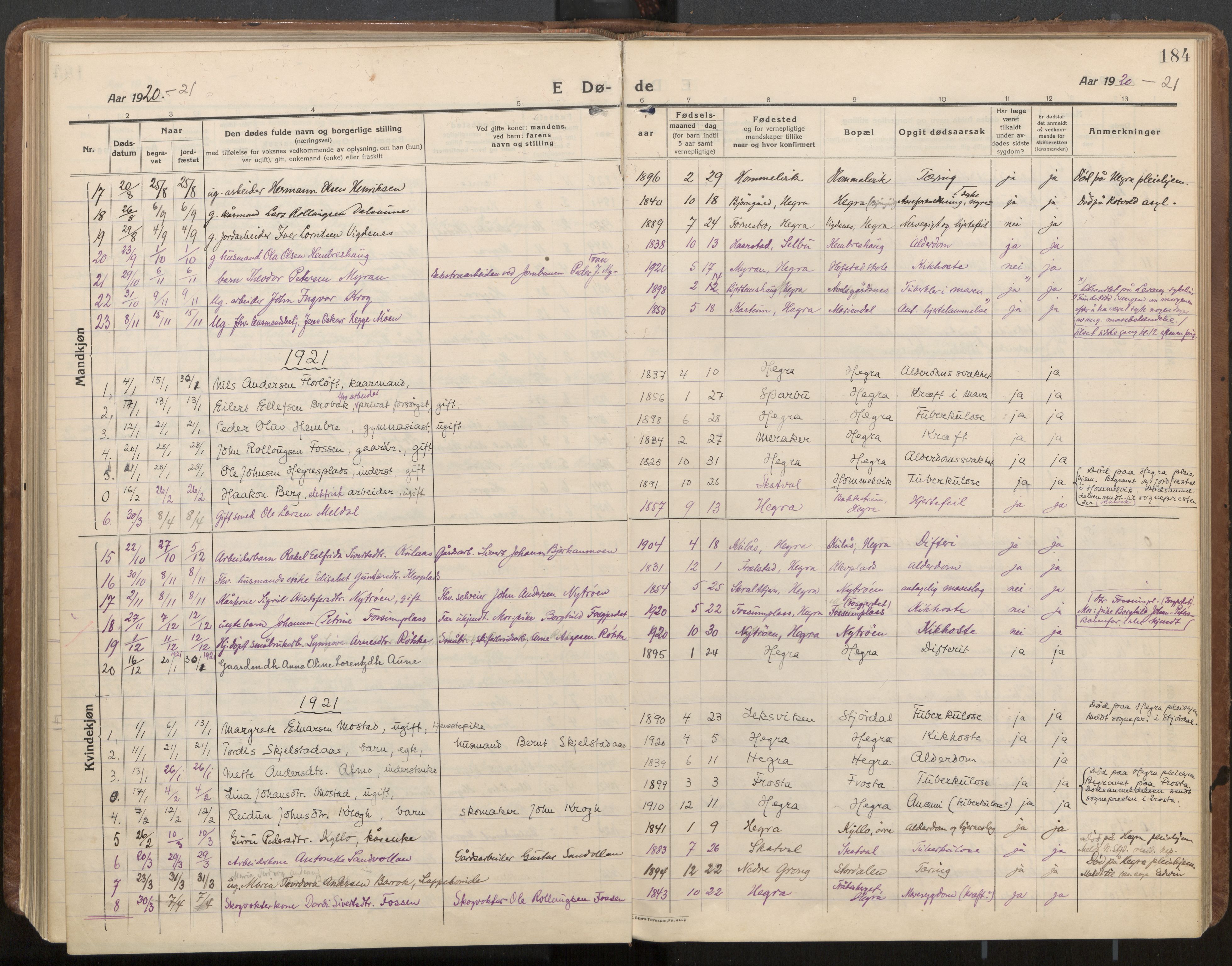 Ministerialprotokoller, klokkerbøker og fødselsregistre - Nord-Trøndelag, AV/SAT-A-1458/703/L0037: Parish register (official) no. 703A10, 1915-1932, p. 184