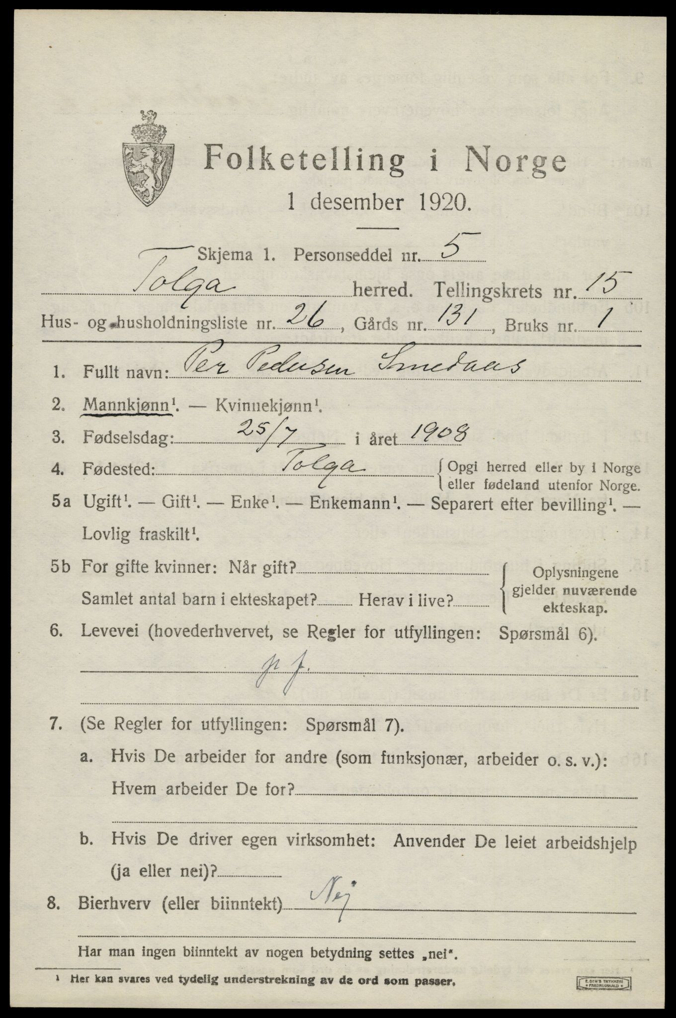 SAH, 1920 census for Tolga, 1920, p. 7155