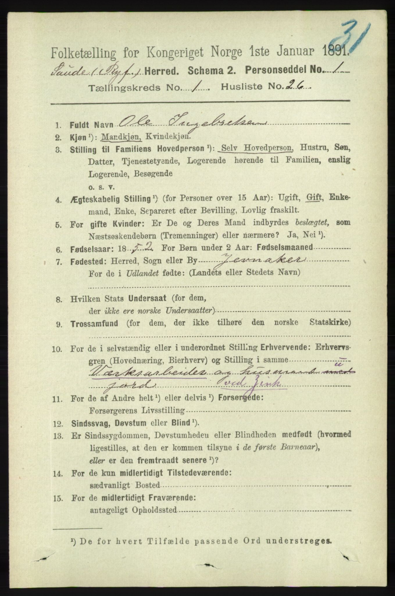 RA, 1891 census for 1135 Sauda, 1891, p. 222