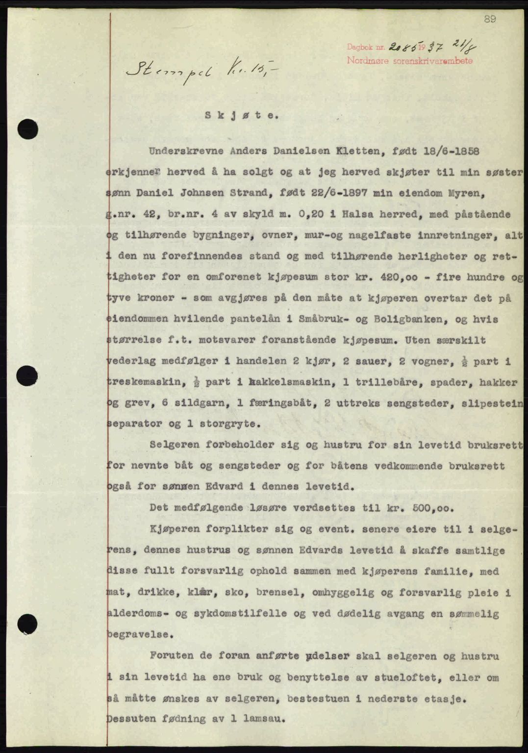 Nordmøre sorenskriveri, SAT/A-4132/1/2/2Ca: Mortgage book no. A82, 1937-1938, Diary no: : 2085/1937