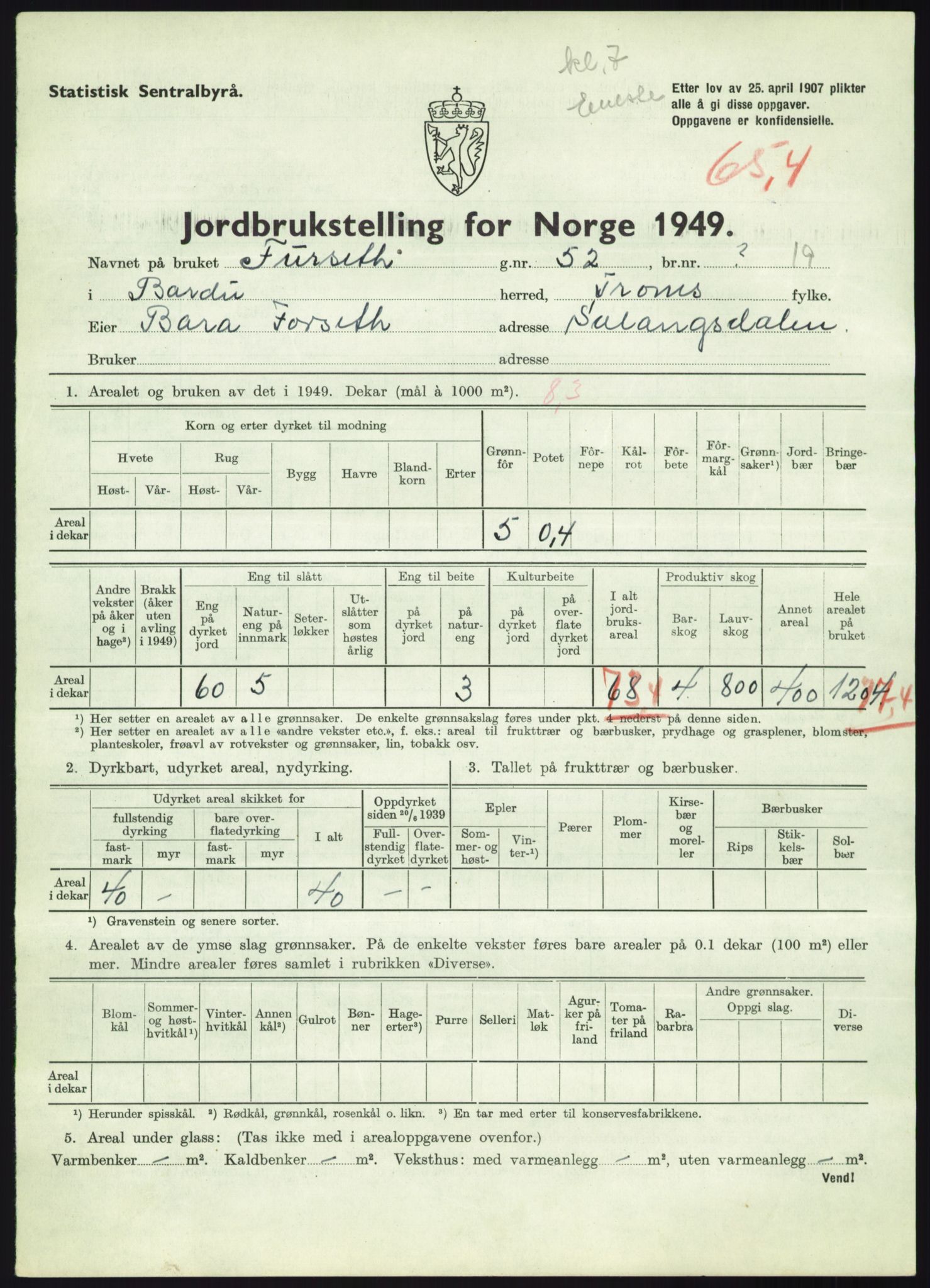 Statistisk sentralbyrå, Næringsøkonomiske emner, Jordbruk, skogbruk, jakt, fiske og fangst, AV/RA-S-2234/G/Gc/L0438: Troms: Salangen og Bardu, 1949, p. 1313