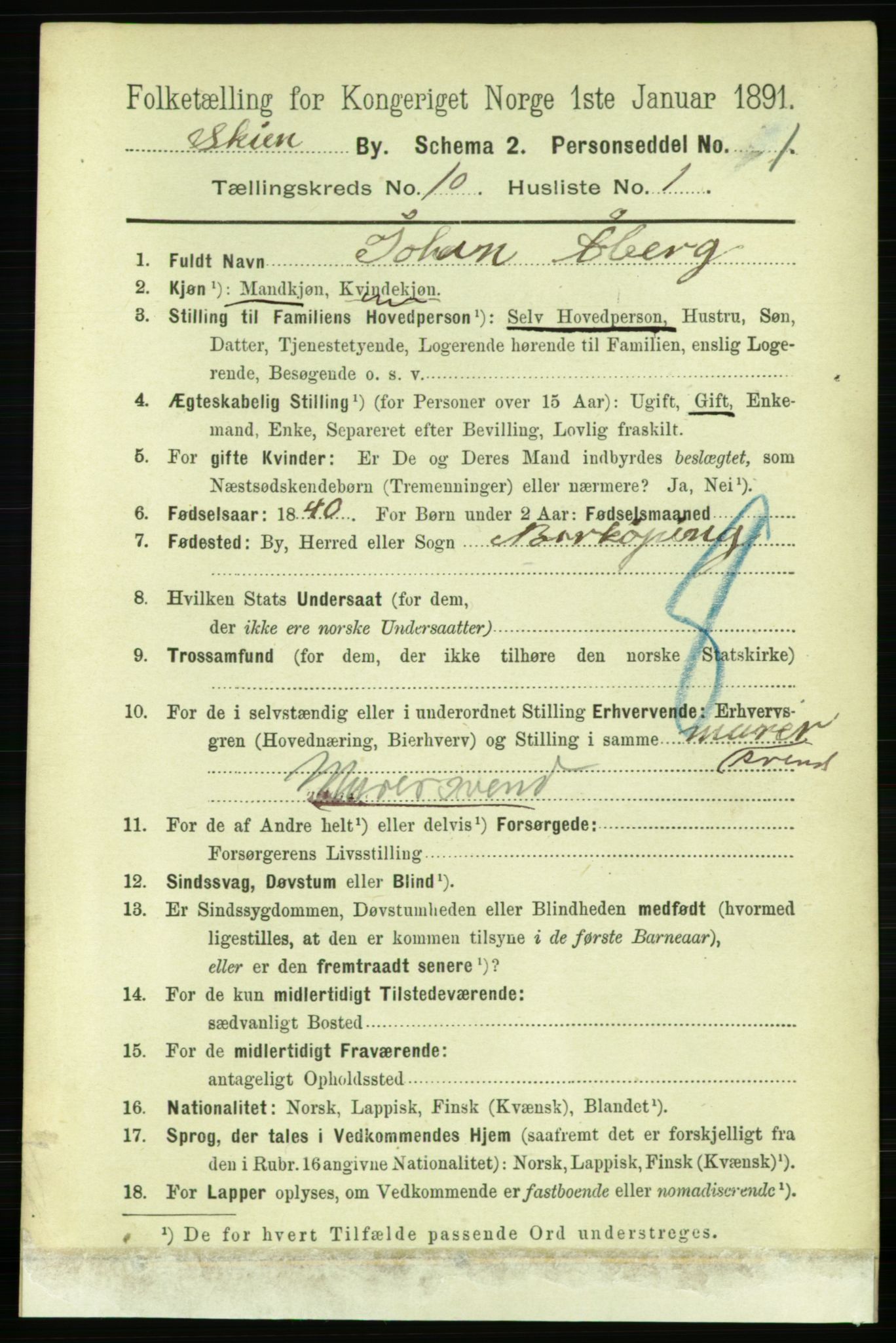 RA, 1891 census for 0806 Skien, 1891, p. 3580