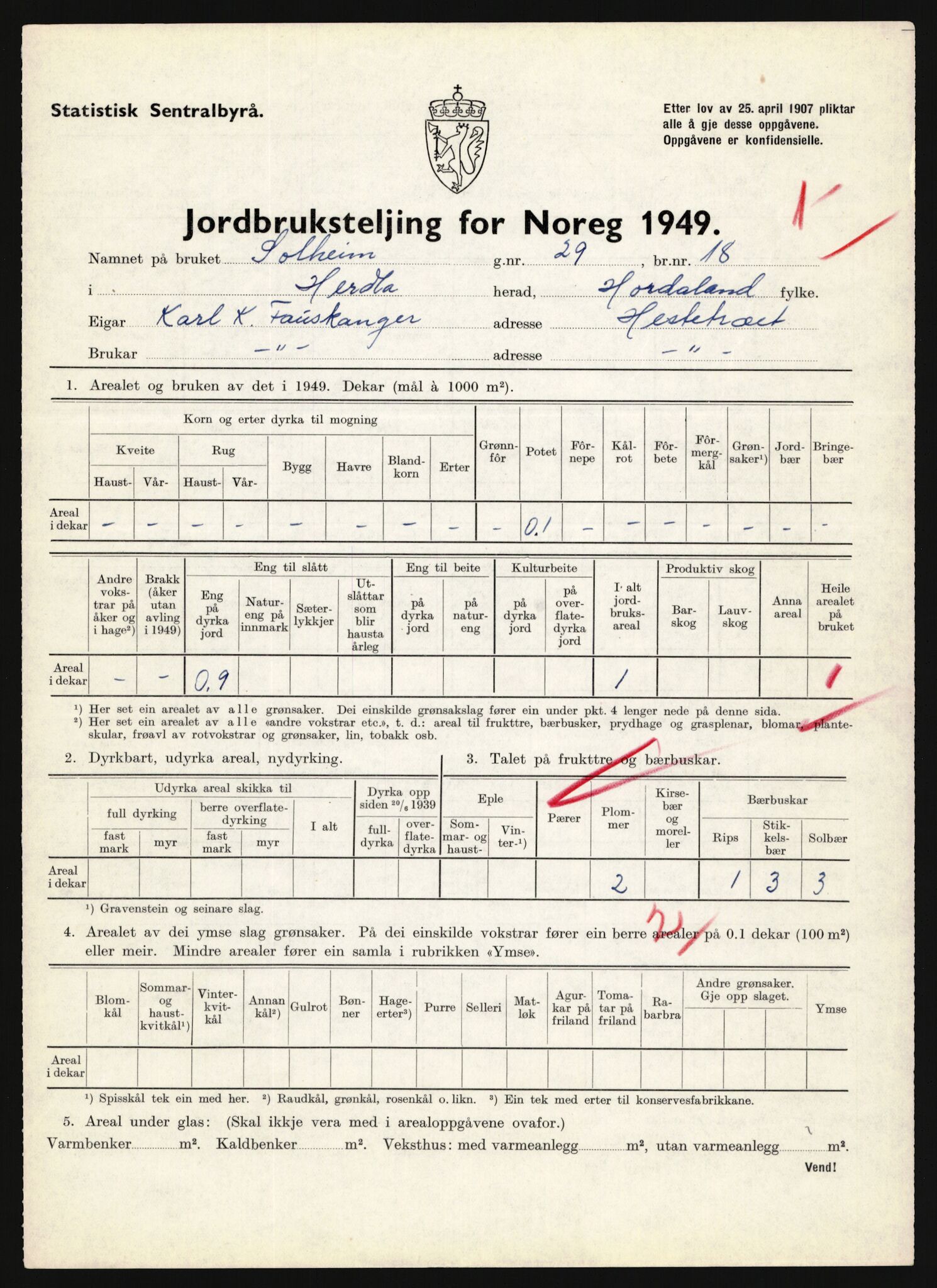 Statistisk sentralbyrå, Næringsøkonomiske emner, Jordbruk, skogbruk, jakt, fiske og fangst, AV/RA-S-2234/G/Gc/L0276: Hordaland: Herdla og Hjelme, 1949, p. 70