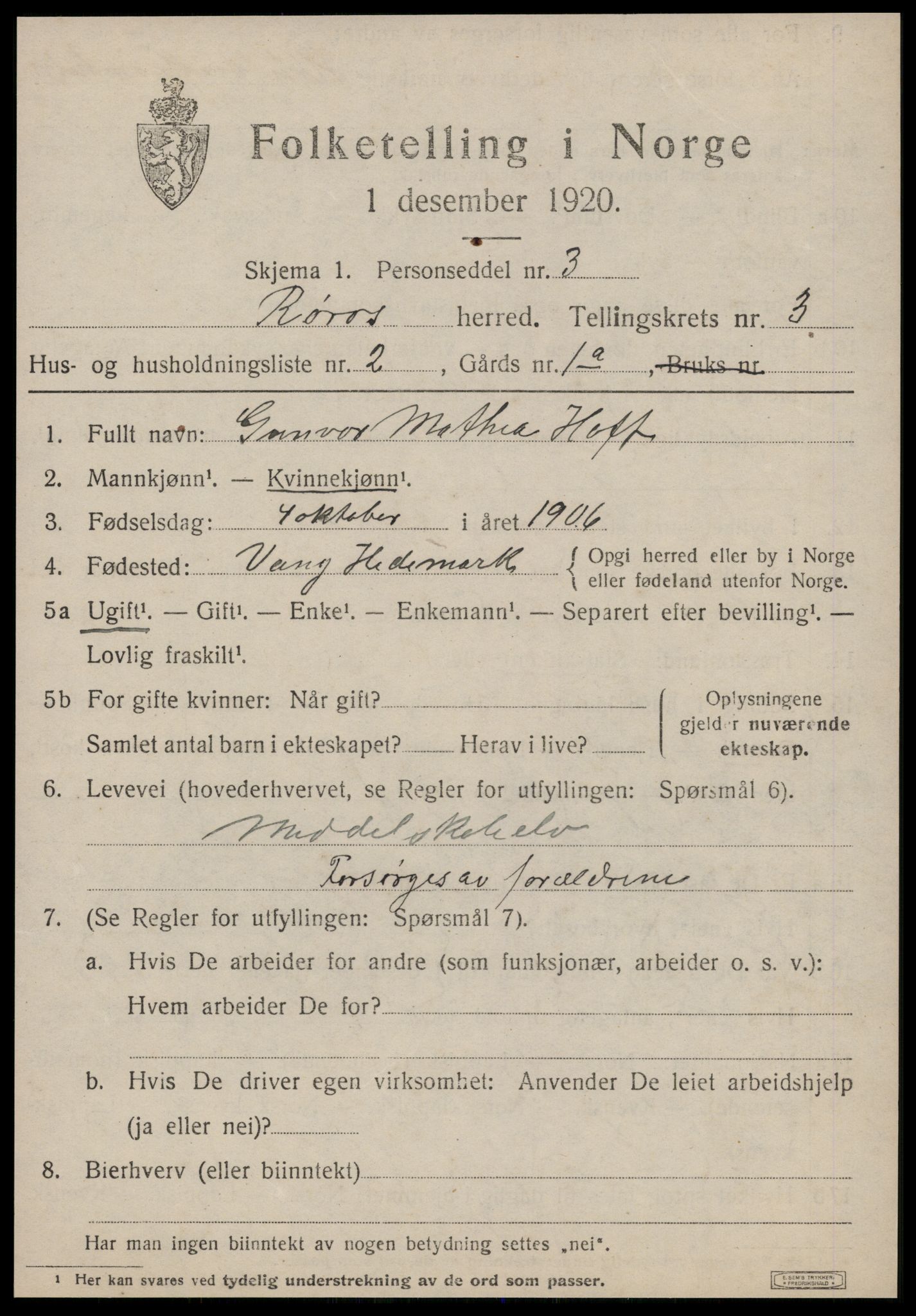 SAT, 1920 census for Røros, 1920, p. 3916