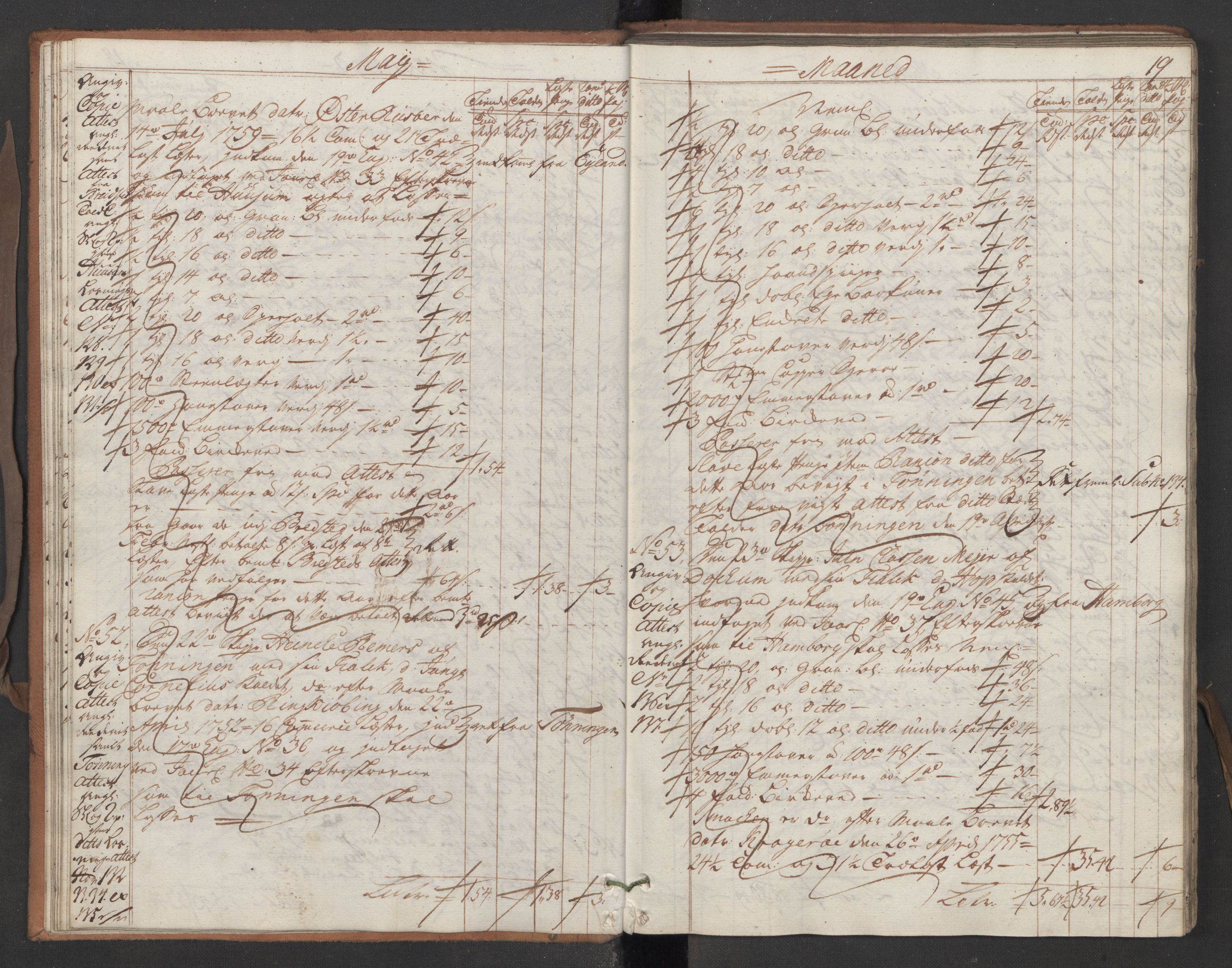 Generaltollkammeret, tollregnskaper, AV/RA-EA-5490/R13/L0029/0001: Tollregnskaper Kragerø / Utgående hovedtollbok, 1760, p. 18b-19a