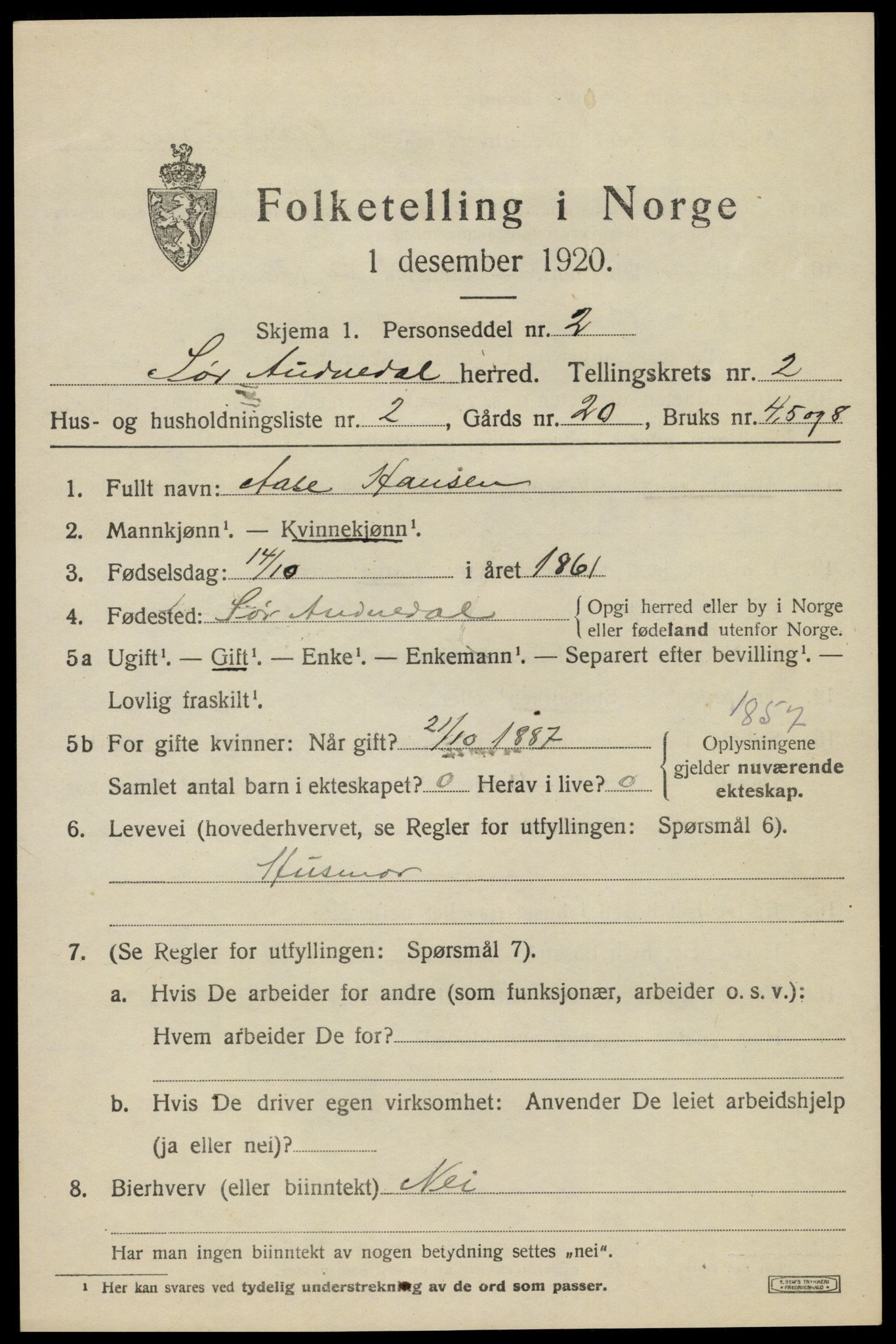 SAK, 1920 census for Sør-Audnedal, 1920, p. 1595