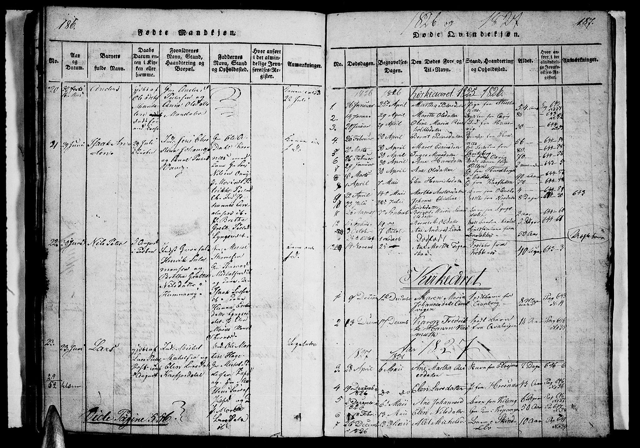 Lyngen sokneprestembete, SATØ/S-1289/H/He/Heb/L0001klokker: Parish register (copy) no. 1, 1826-1838, p. 186