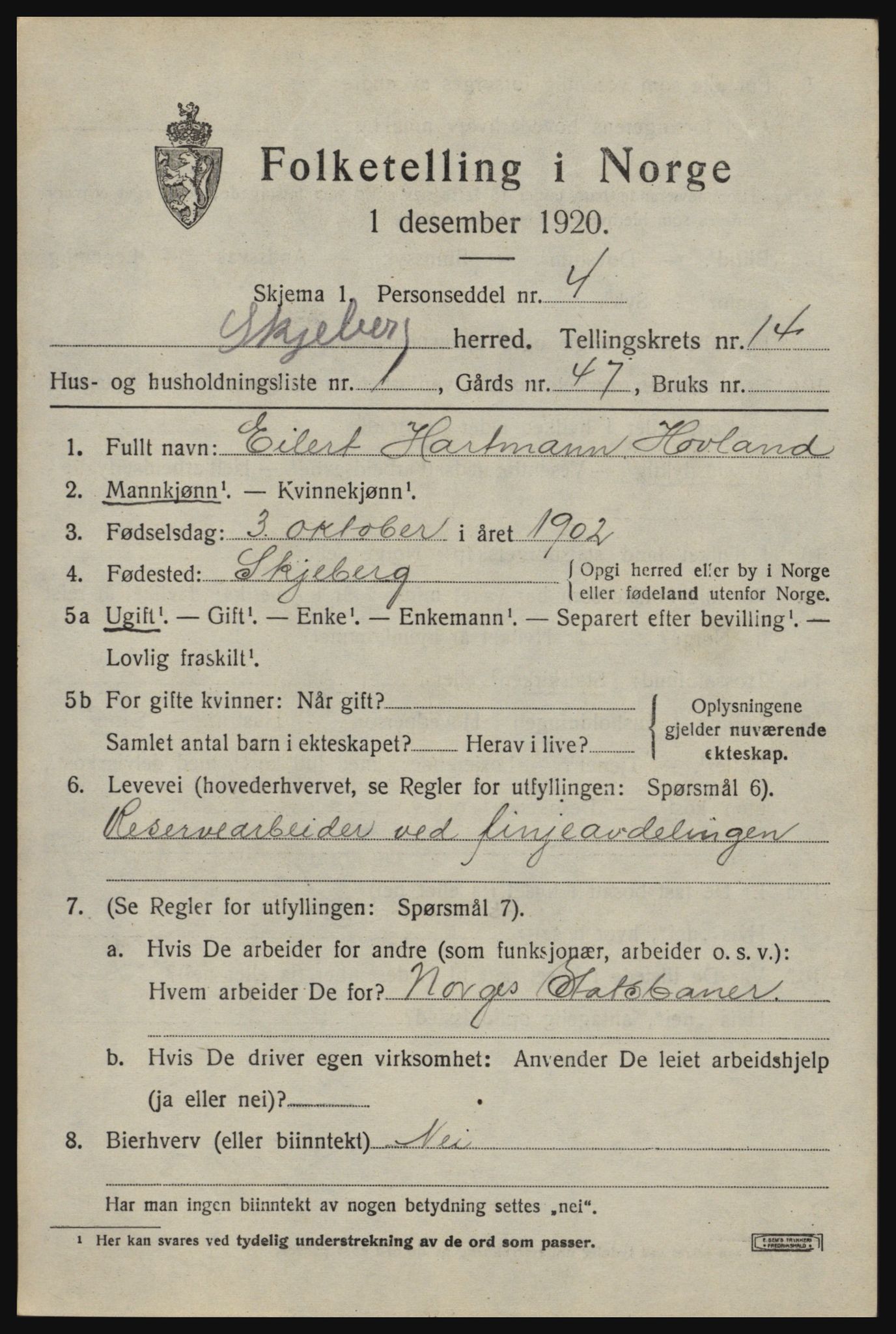 SAO, 1920 census for Skjeberg, 1920, p. 12987