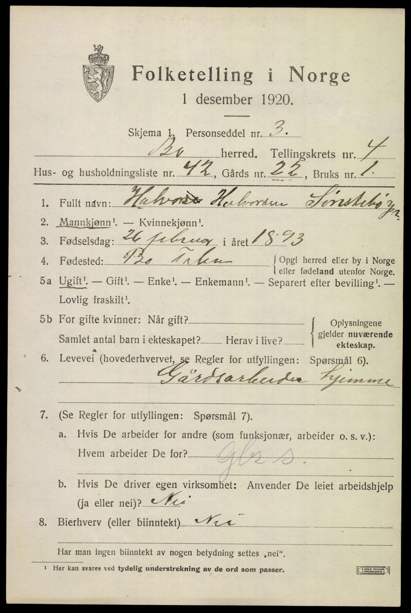 SAKO, 1920 census for Bø (Telemark), 1920, p. 3590