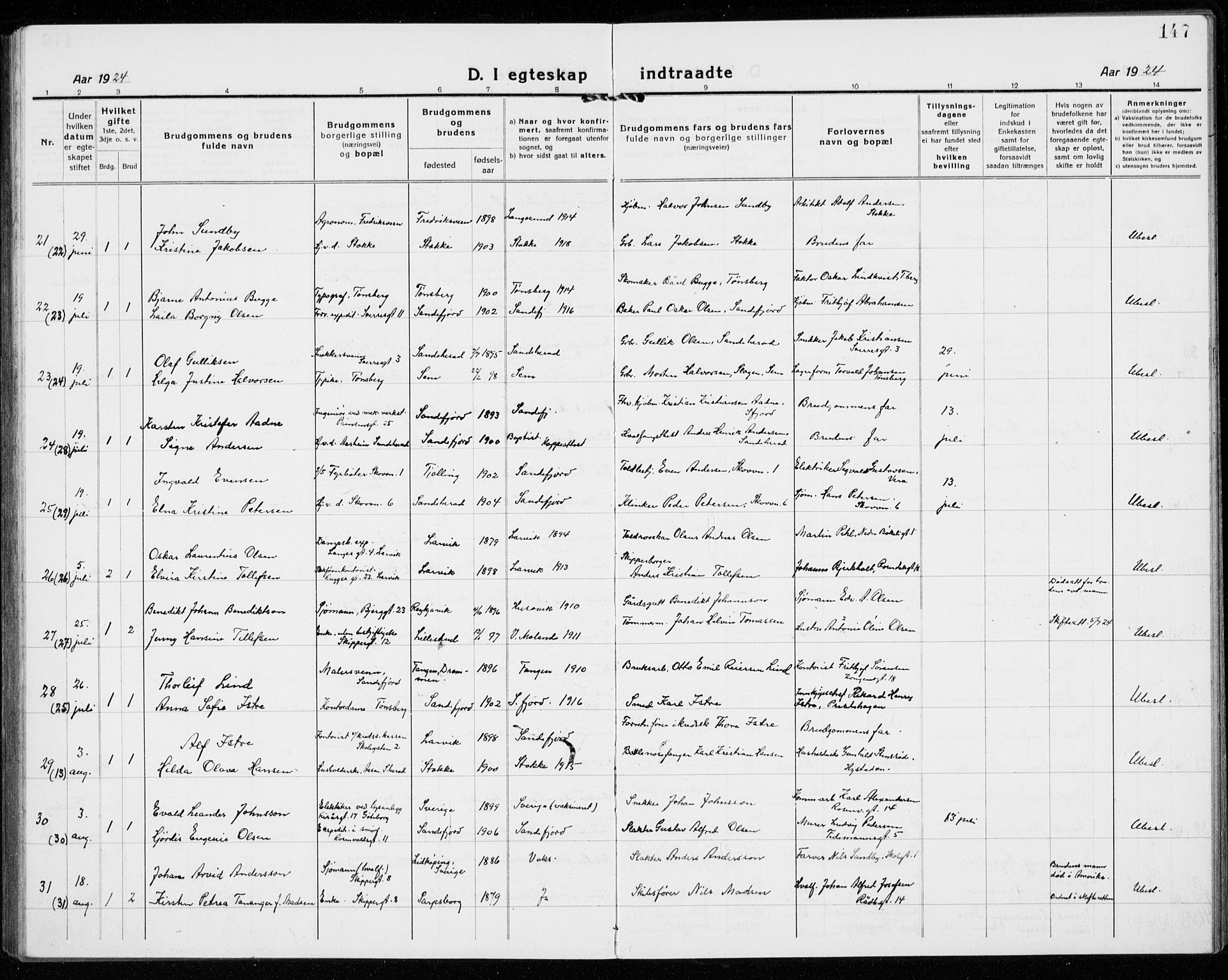 Sandefjord kirkebøker, AV/SAKO-A-315/G/Ga/L0004: Parish register (copy) no. 4, 1920-1931, p. 147