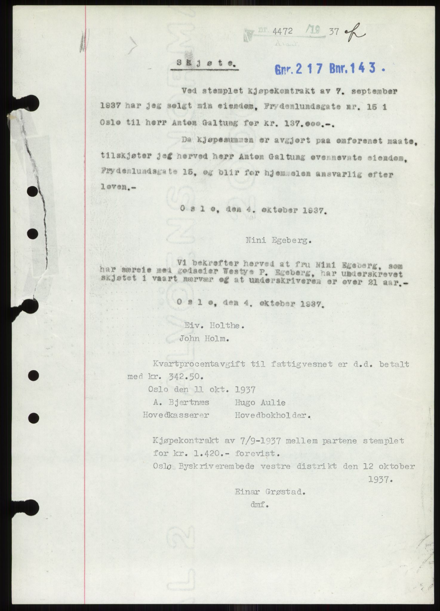 Oslo byskriverembete, AV/SAO-A-10227/G/Gb/Gbb/Gbbd/L0001: Mortgage book no. VS1, 1936-1948, Diary no: : 4472/1937