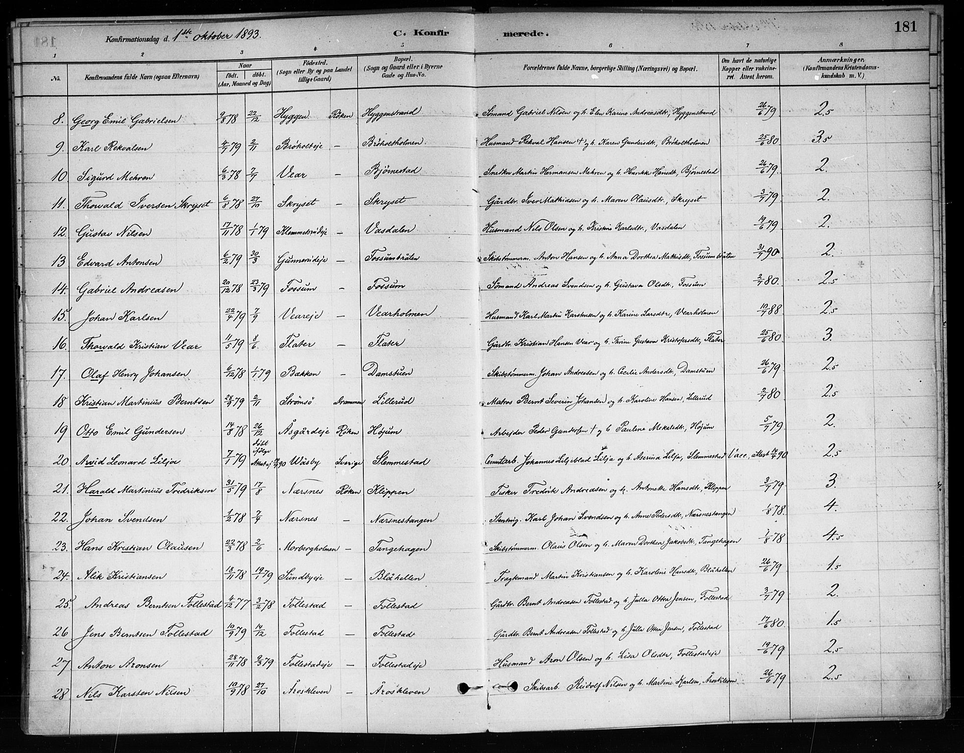 Røyken kirkebøker, SAKO/A-241/F/Fa/L0008: Parish register (official) no. 8, 1880-1897, p. 181