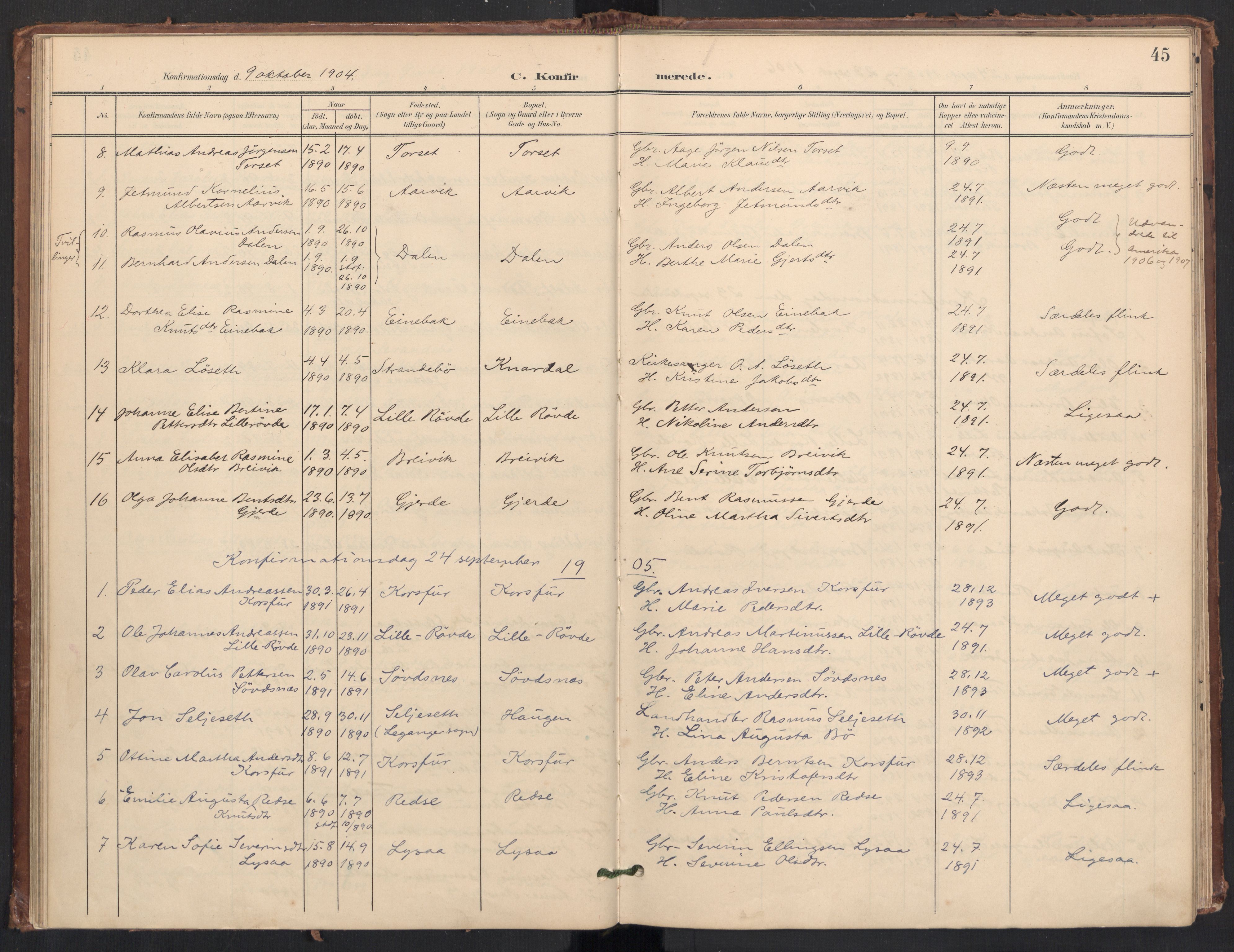 Ministerialprotokoller, klokkerbøker og fødselsregistre - Møre og Romsdal, SAT/A-1454/504/L0057: Parish register (official) no. 504A04, 1902-1919, p. 45