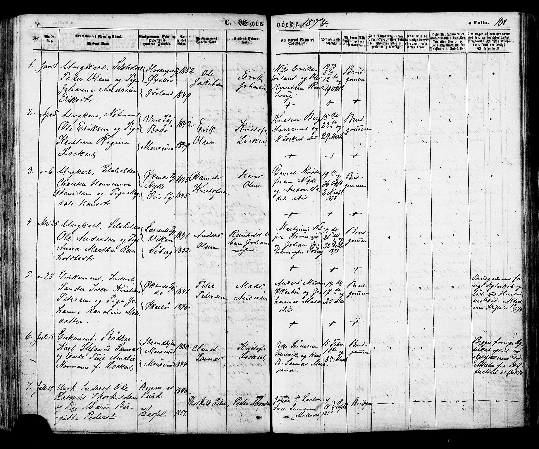 Ministerialprotokoller, klokkerbøker og fødselsregistre - Nordland, AV/SAT-A-1459/891/L1301: Parish register (official) no. 891A06, 1870-1878, p. 161