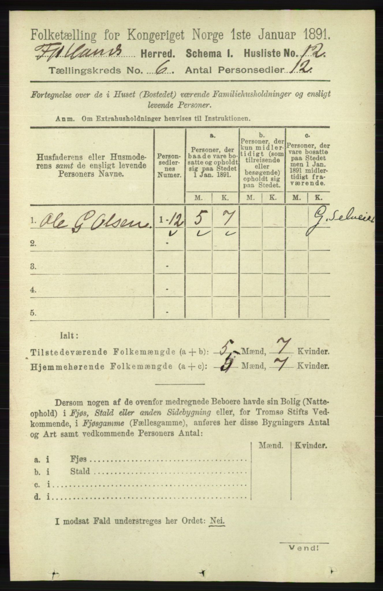 RA, 1891 census for 1036 Fjotland, 1891, p. 848