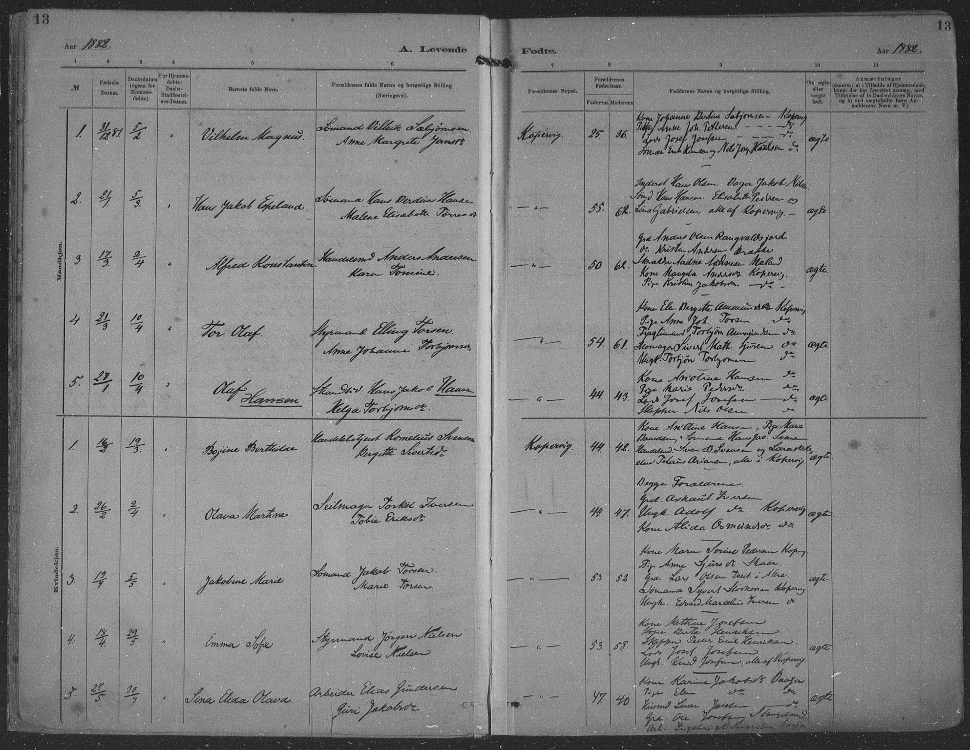 Kopervik sokneprestkontor, SAST/A-101850/H/Ha/Haa/L0001: Parish register (official) no. A 1, 1880-1919, p. 13