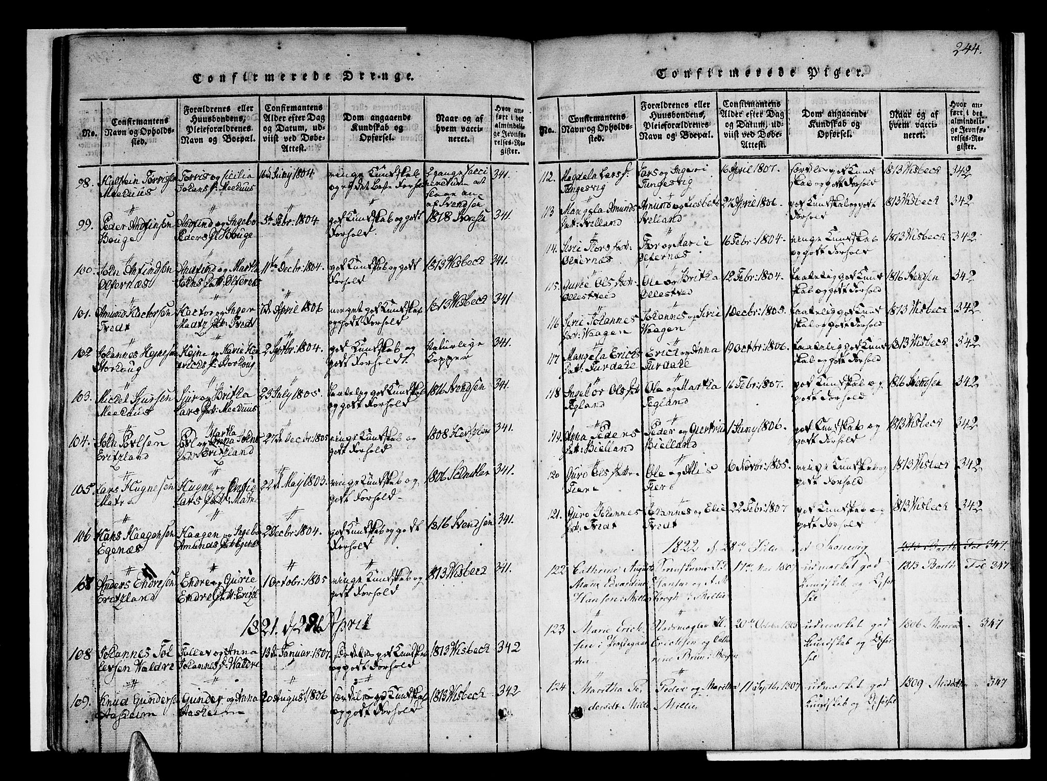 Skånevik sokneprestembete, AV/SAB-A-77801/H/Haa: Parish register (official) no. A 3, 1815-1828, p. 244