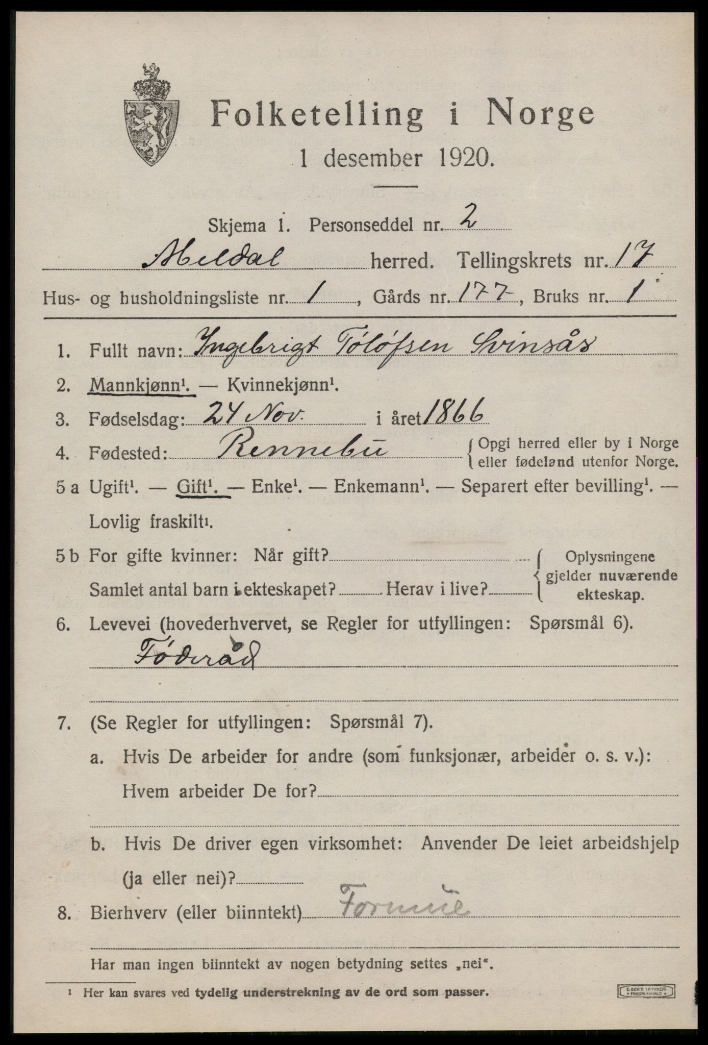 SAT, 1920 census for Meldal, 1920, p. 11125