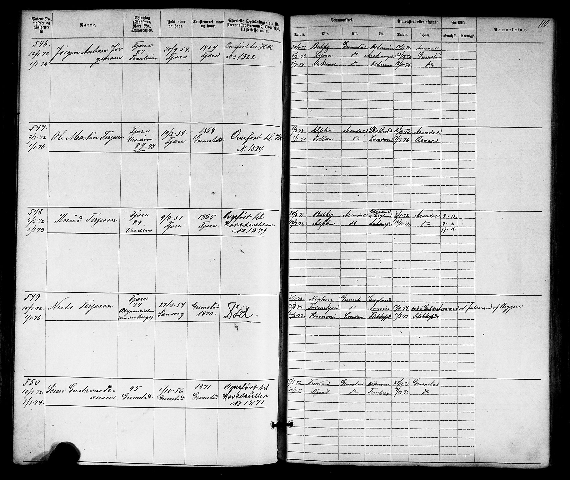 Grimstad mønstringskrets, SAK/2031-0013/F/Fa/L0005: Annotasjonsrulle nr 1-1910 med register, V-18, 1870-1892, p. 137