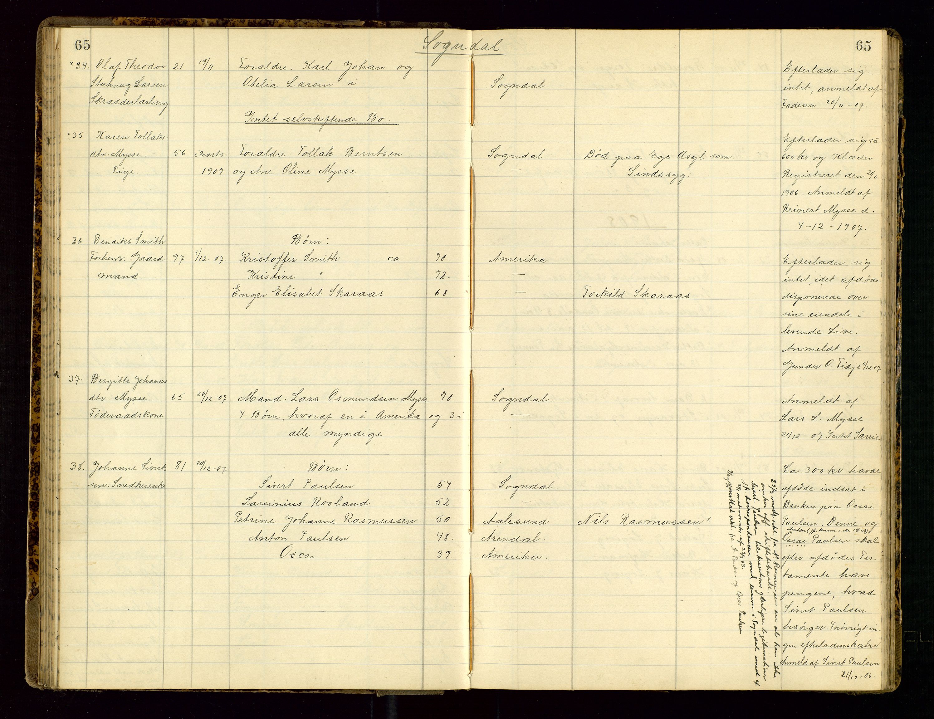 Dalane sorenskriveri, SAST/A-100309/001/5/52/L0001: DØDSFALLPROTOKOLL, 1904-1911, p. 65