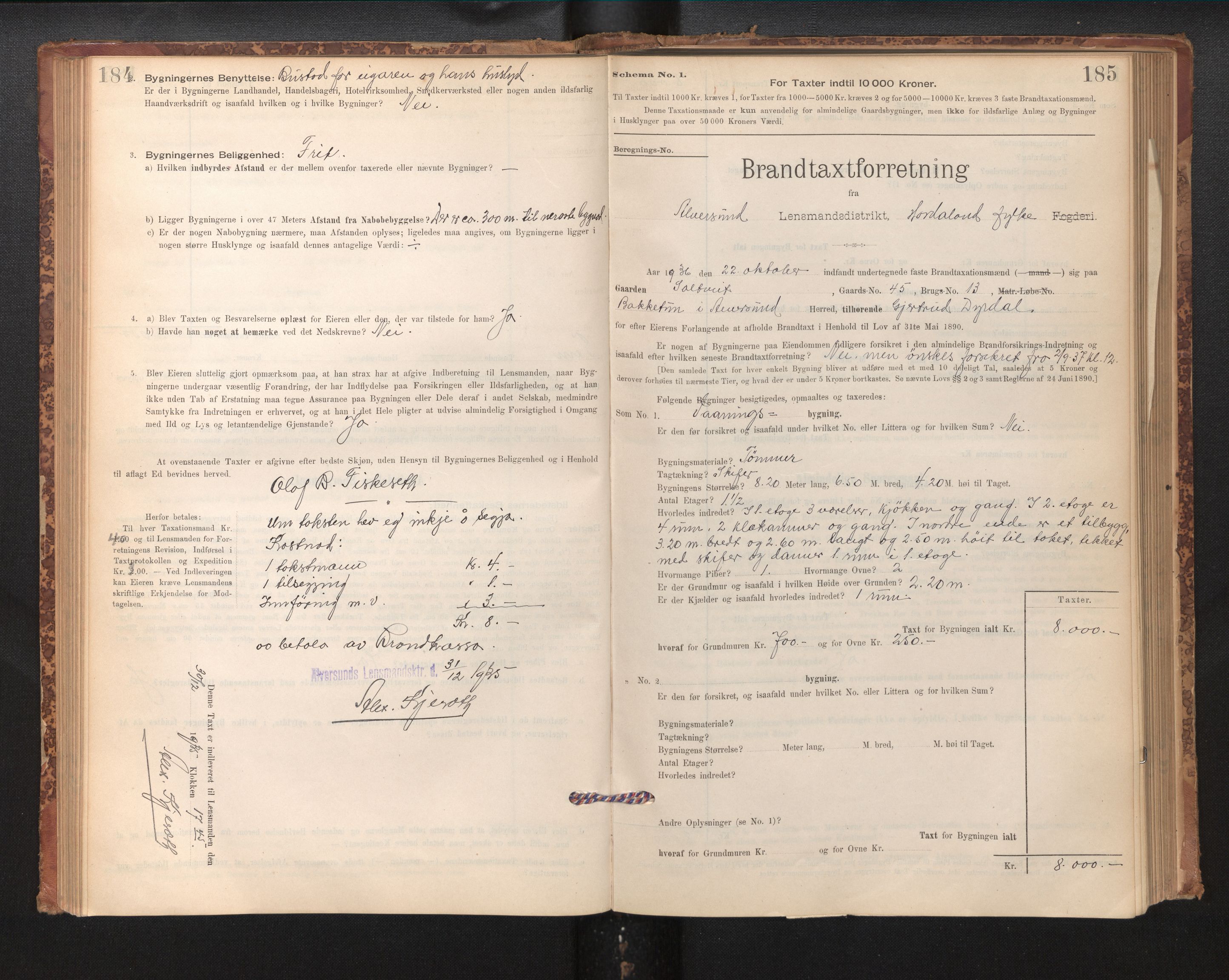 Lensmannen i Alversund, SAB/A-30701/0012/L0004: Branntakstprotokoll, skjematakst, 1894-1953, p. 184-185