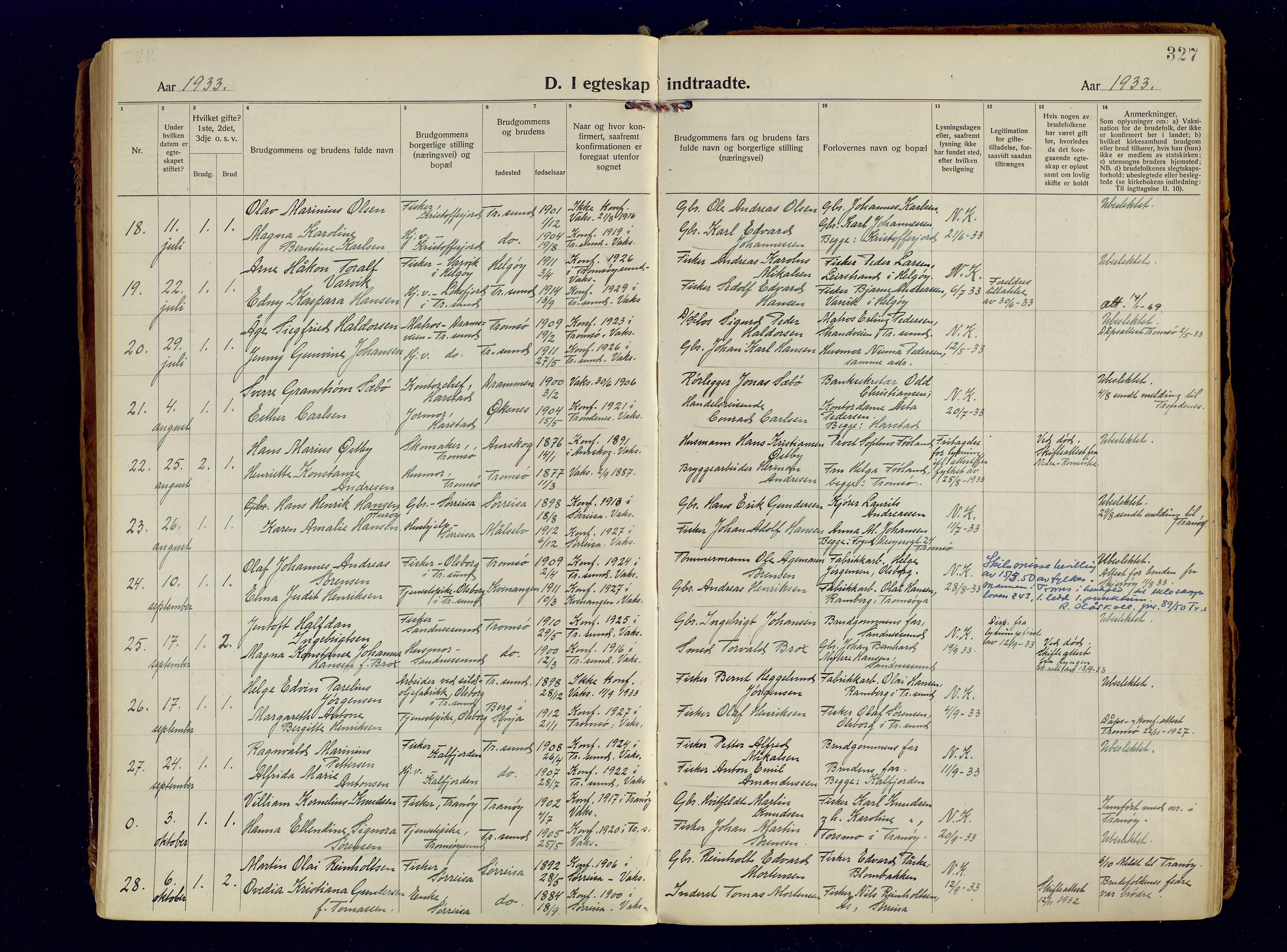 Tromsøysund sokneprestkontor, AV/SATØ-S-1304/G/Ga/L0009kirke: Parish register (official) no. 9, 1922-1934, p. 327