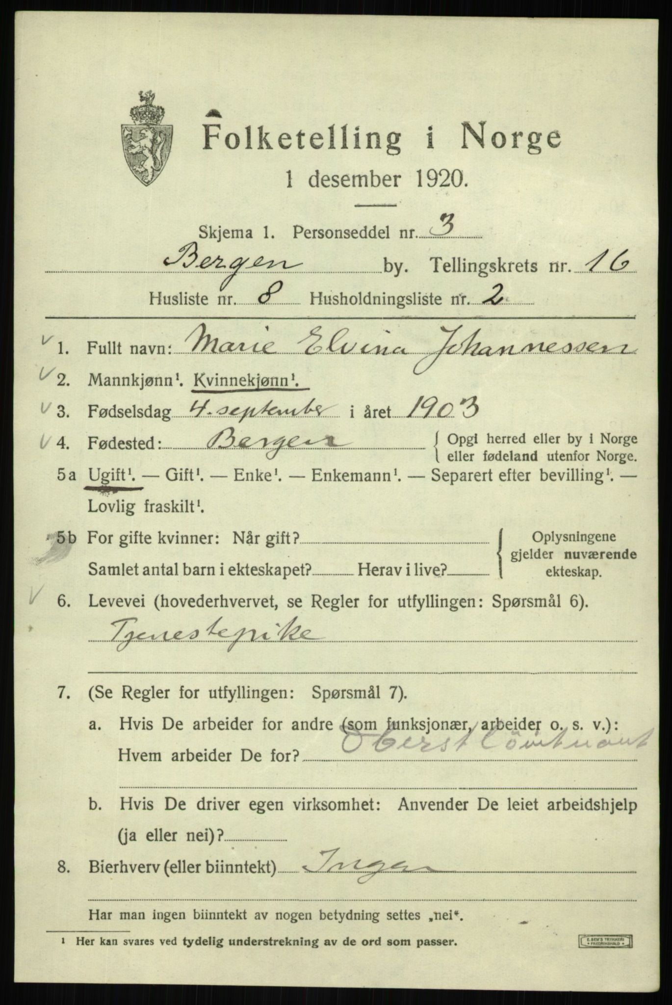 SAB, 1920 census for Bergen, 1920, p. 78437