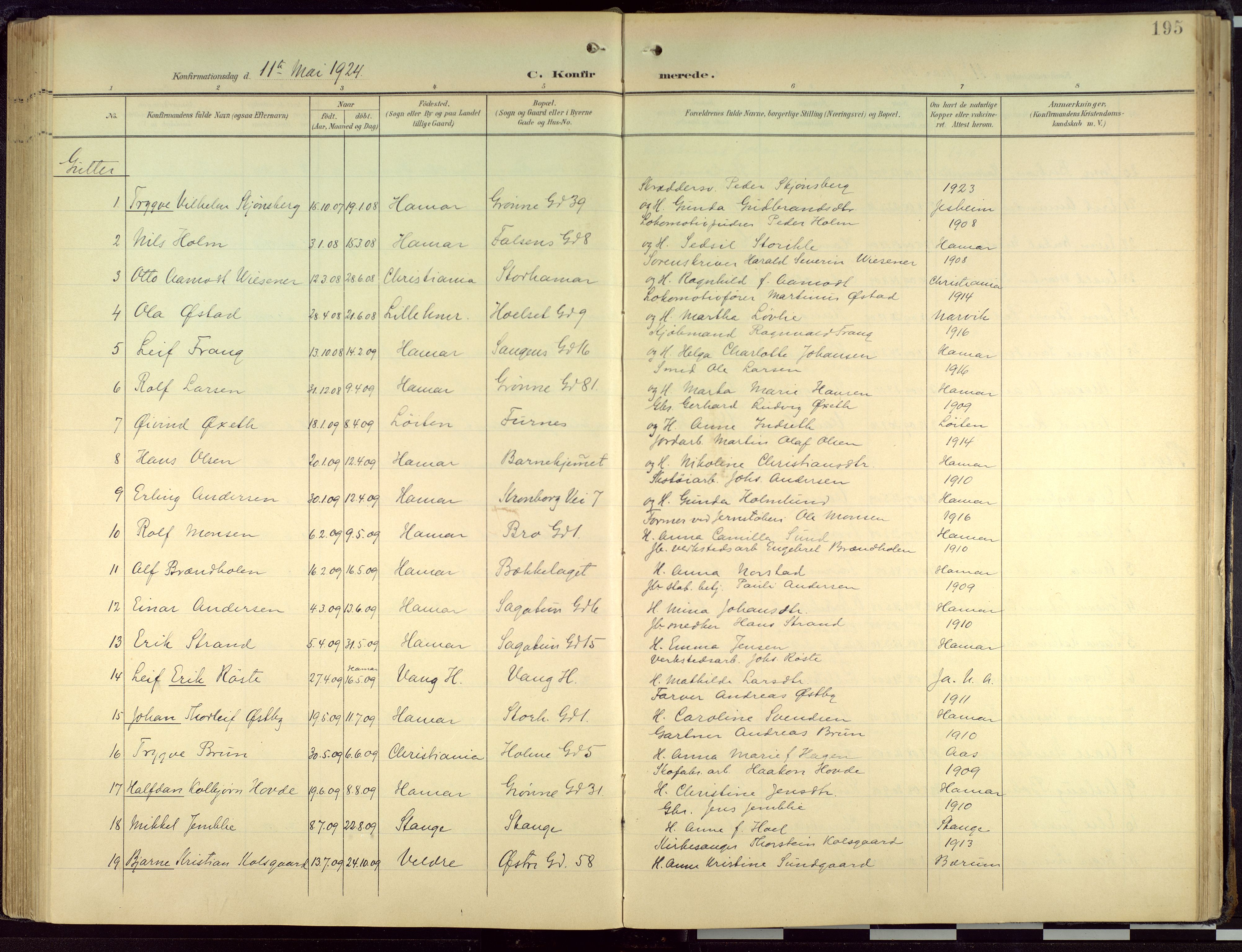 Hamar prestekontor, AV/SAH-DOMPH-002/H/Ha/Haa/L0004: Parish register (official) no. 4, 1899-1973, p. 195