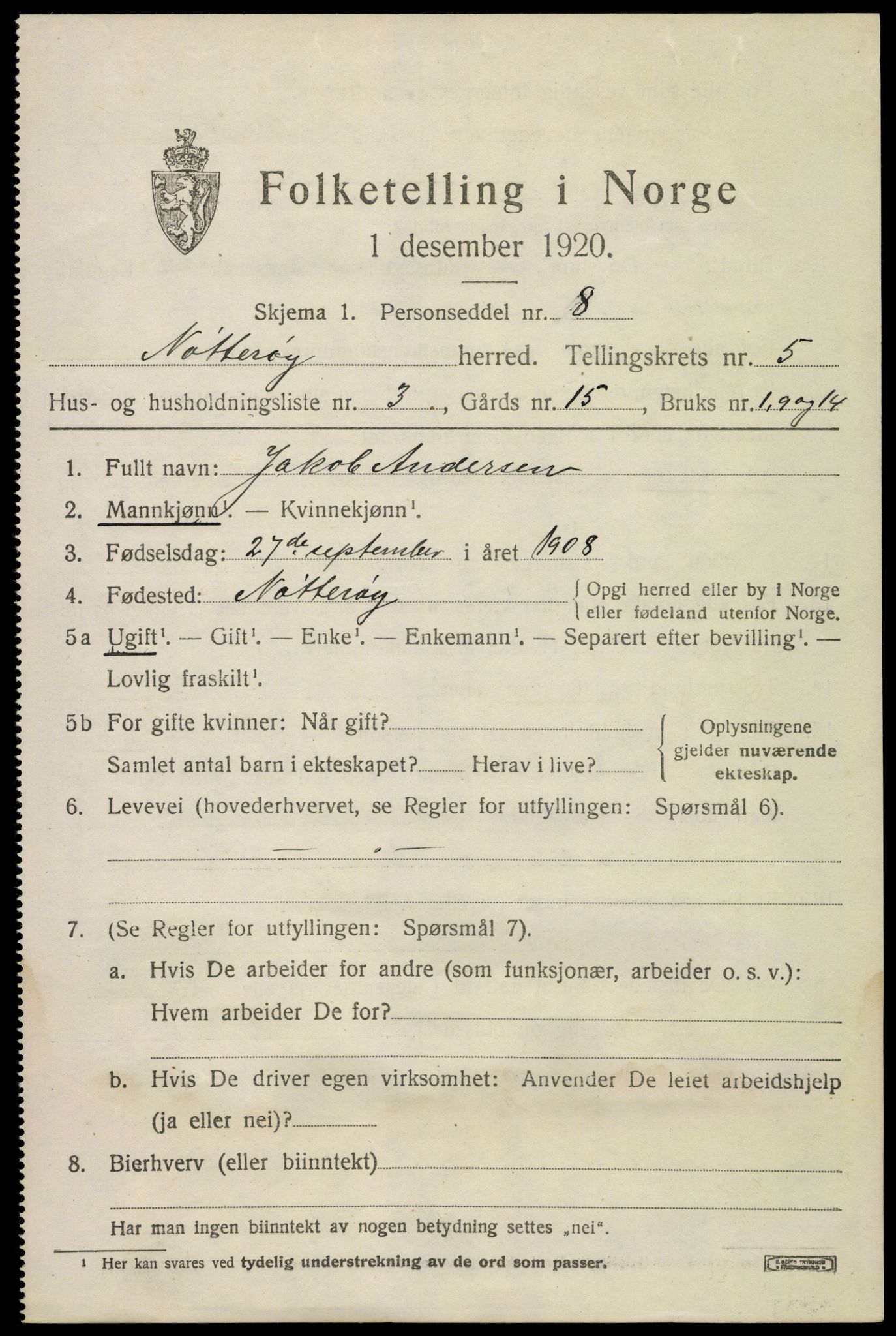 SAKO, 1920 census for Nøtterøy, 1920, p. 7581