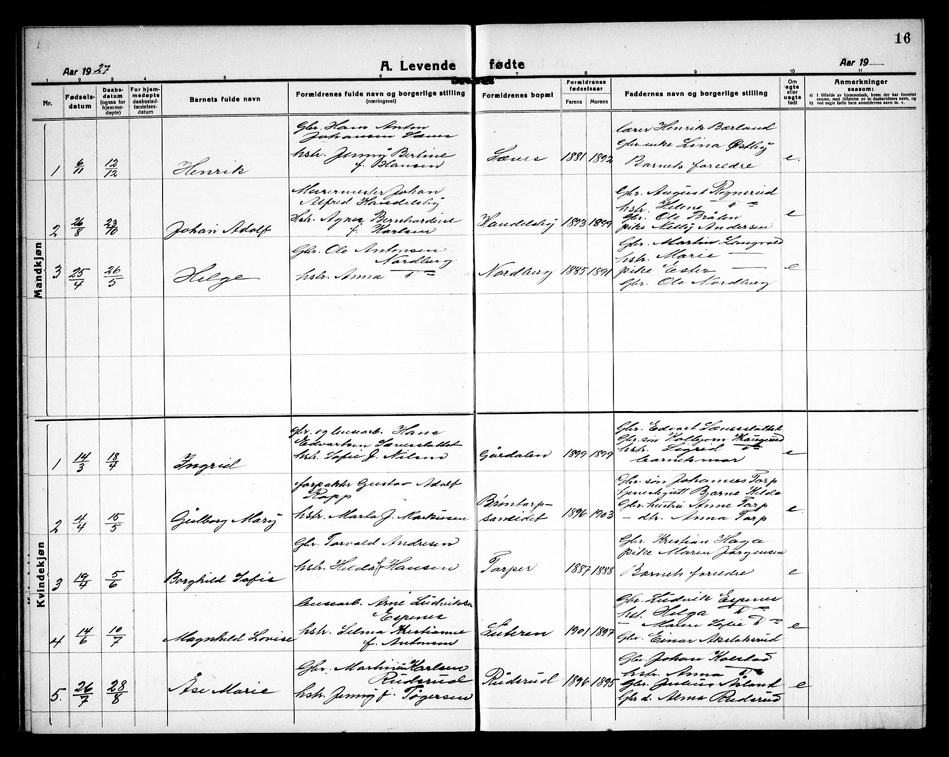 Rakkestad prestekontor Kirkebøker, AV/SAO-A-2008/G/Gc/L0003: Parish register (copy) no. III 3, 1920-1938, p. 16