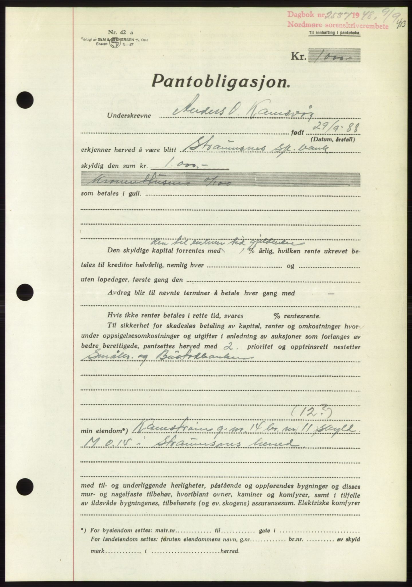 Nordmøre sorenskriveri, AV/SAT-A-4132/1/2/2Ca: Mortgage book no. B99, 1948-1948, Diary no: : 2537/1948