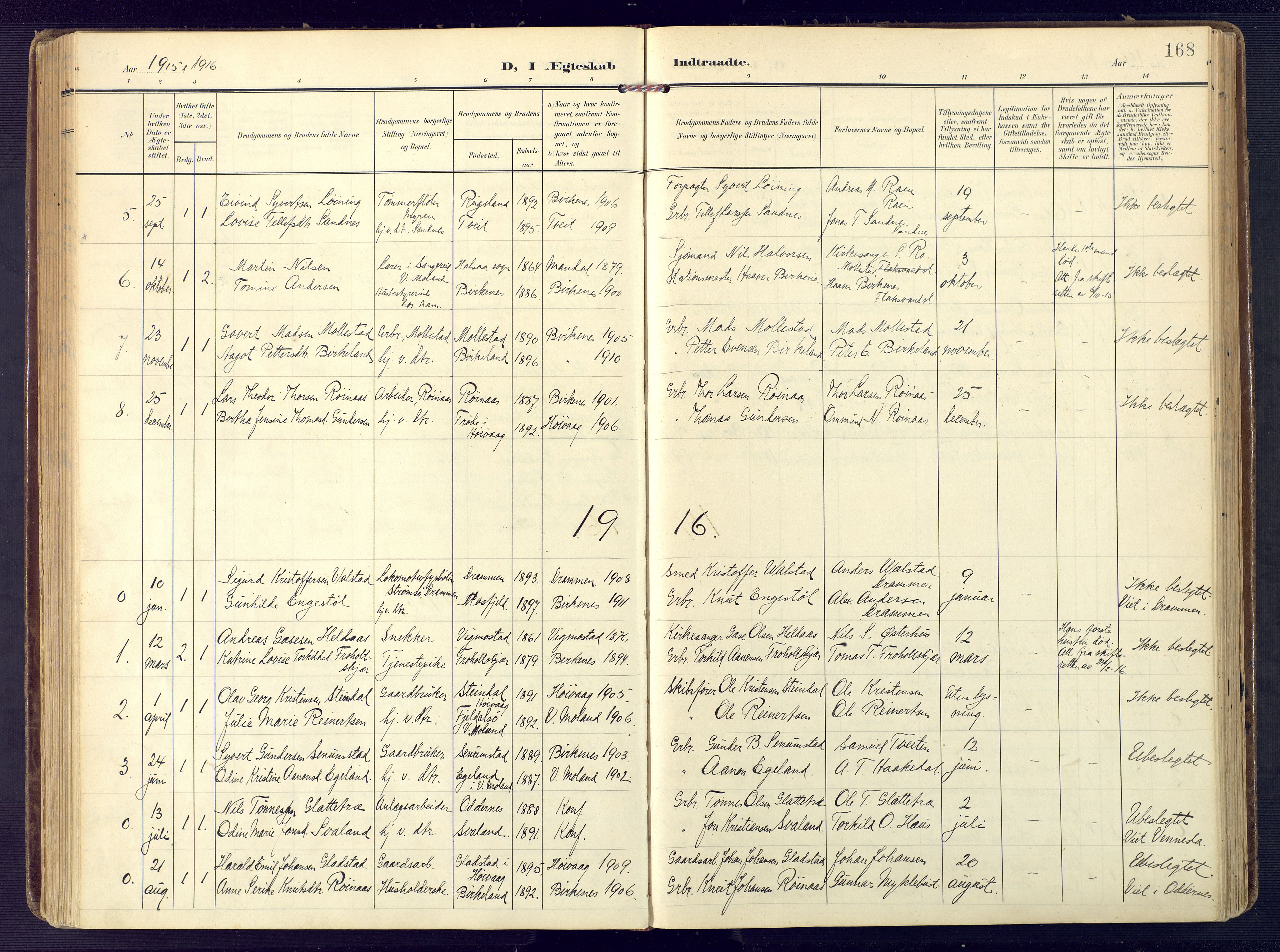 Birkenes sokneprestkontor, SAK/1111-0004/F/Fa/L0006: Parish register (official) no. A 6, 1908-1932, p. 168