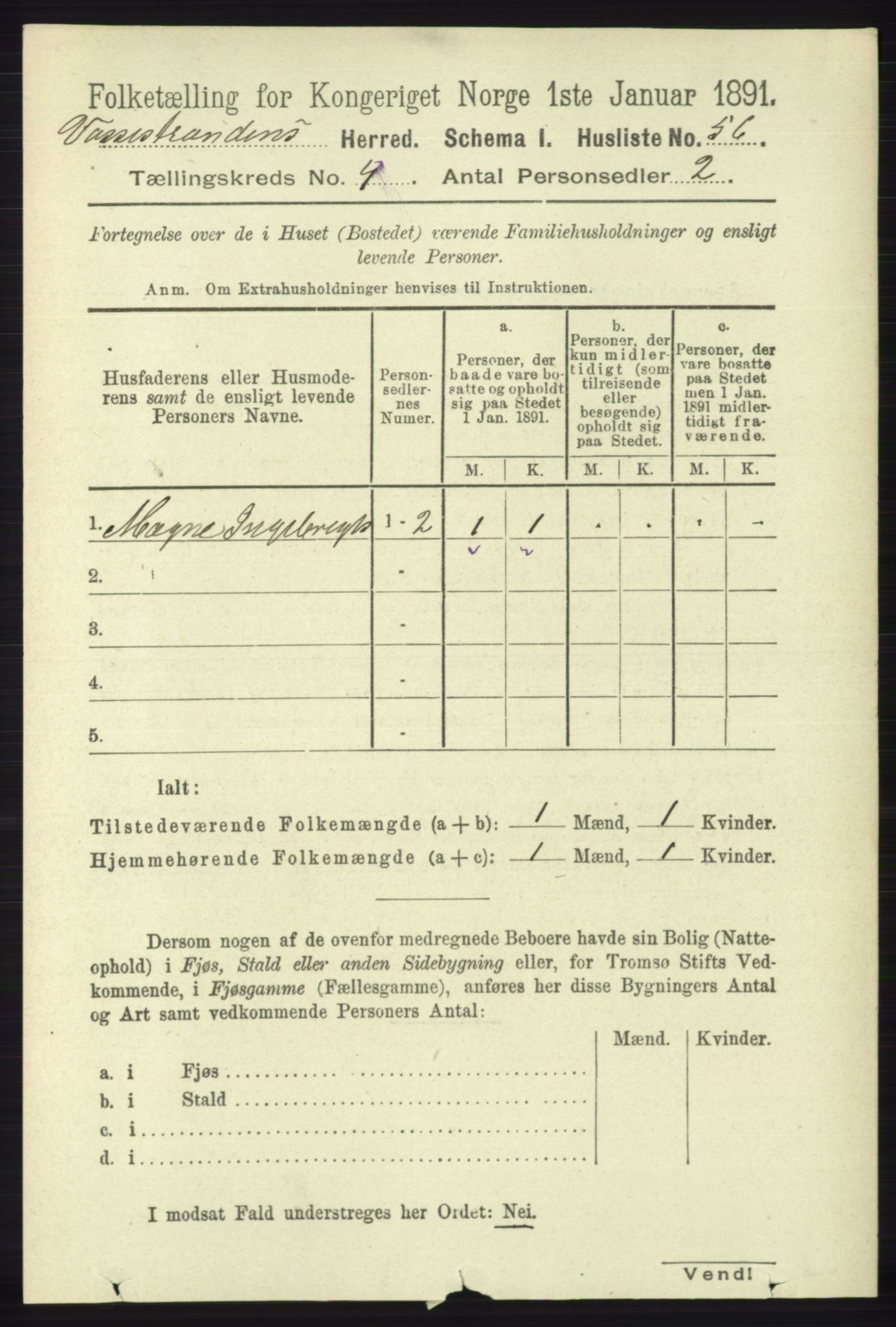 RA, 1891 census for 1236 Vossestrand, 1891, p. 1522