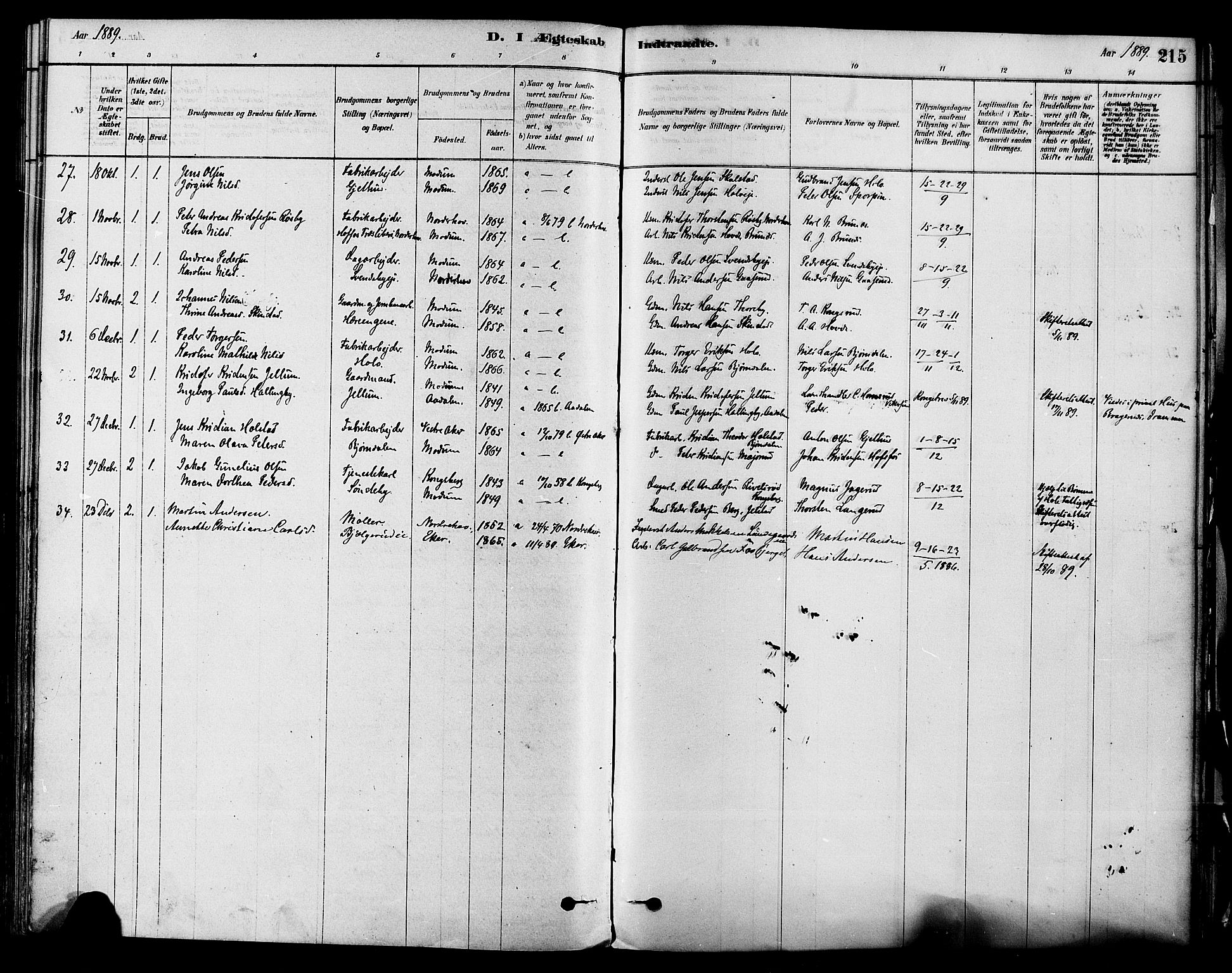 Modum kirkebøker, SAKO/A-234/F/Fa/L0011: Parish register (official) no. 11, 1877-1889, p. 215
