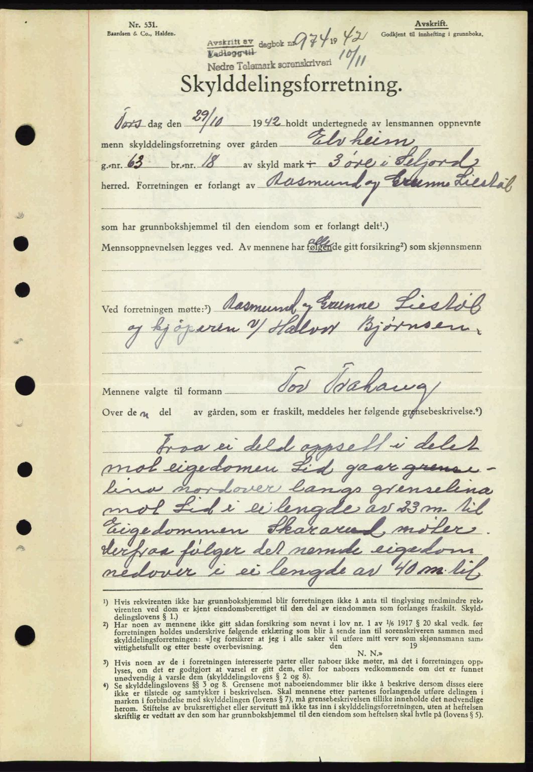 Nedre Telemark sorenskriveri, AV/SAKO-A-135/G/Ga/Gaa/L0050: Mortgage book no. A-50, 1942-1943, Diary no: : 974/1942