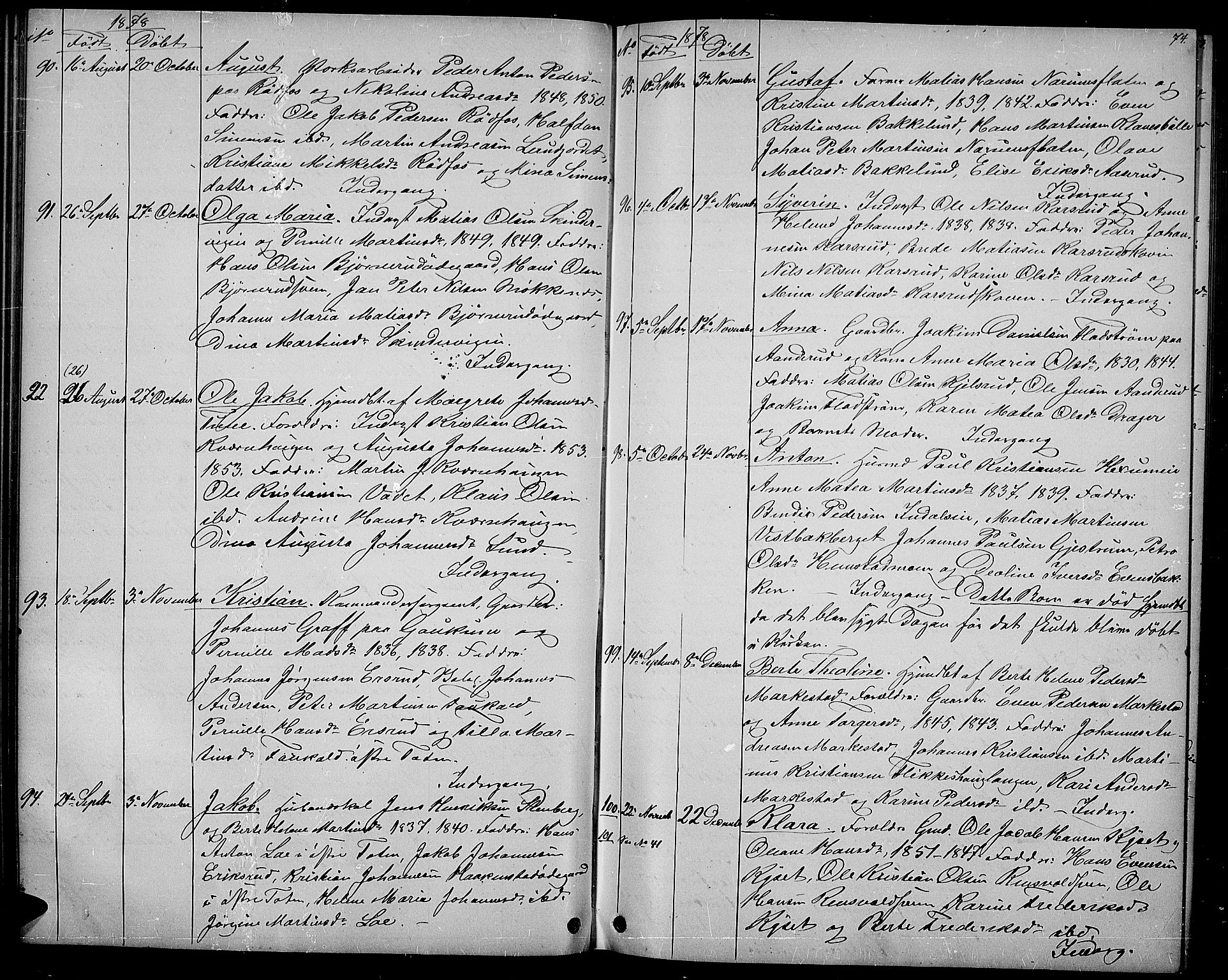 Vestre Toten prestekontor, SAH/PREST-108/H/Ha/Hab/L0006: Parish register (copy) no. 6, 1870-1887, p. 74