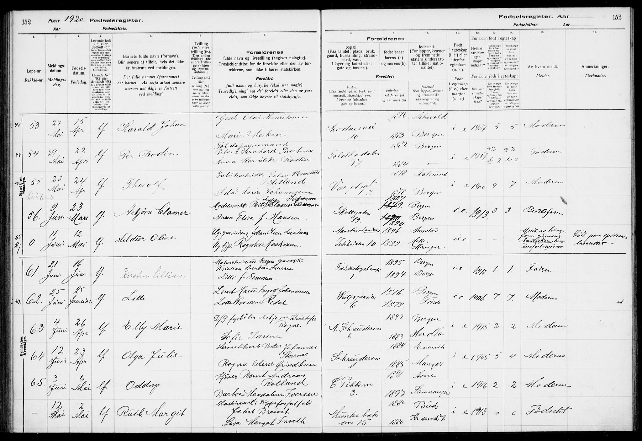 Nykirken Sokneprestembete, SAB/A-77101/I/Id/L00A1: Birth register no. A 1, 1916-1922, p. 152