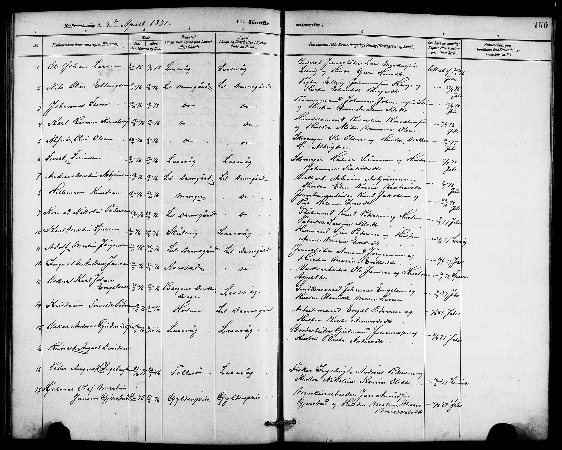 Laksevåg Sokneprestembete, SAB/A-76501/H/Ha/Hab/Haba/L0003: Parish register (copy) no. A 3, 1887-1899, p. 150