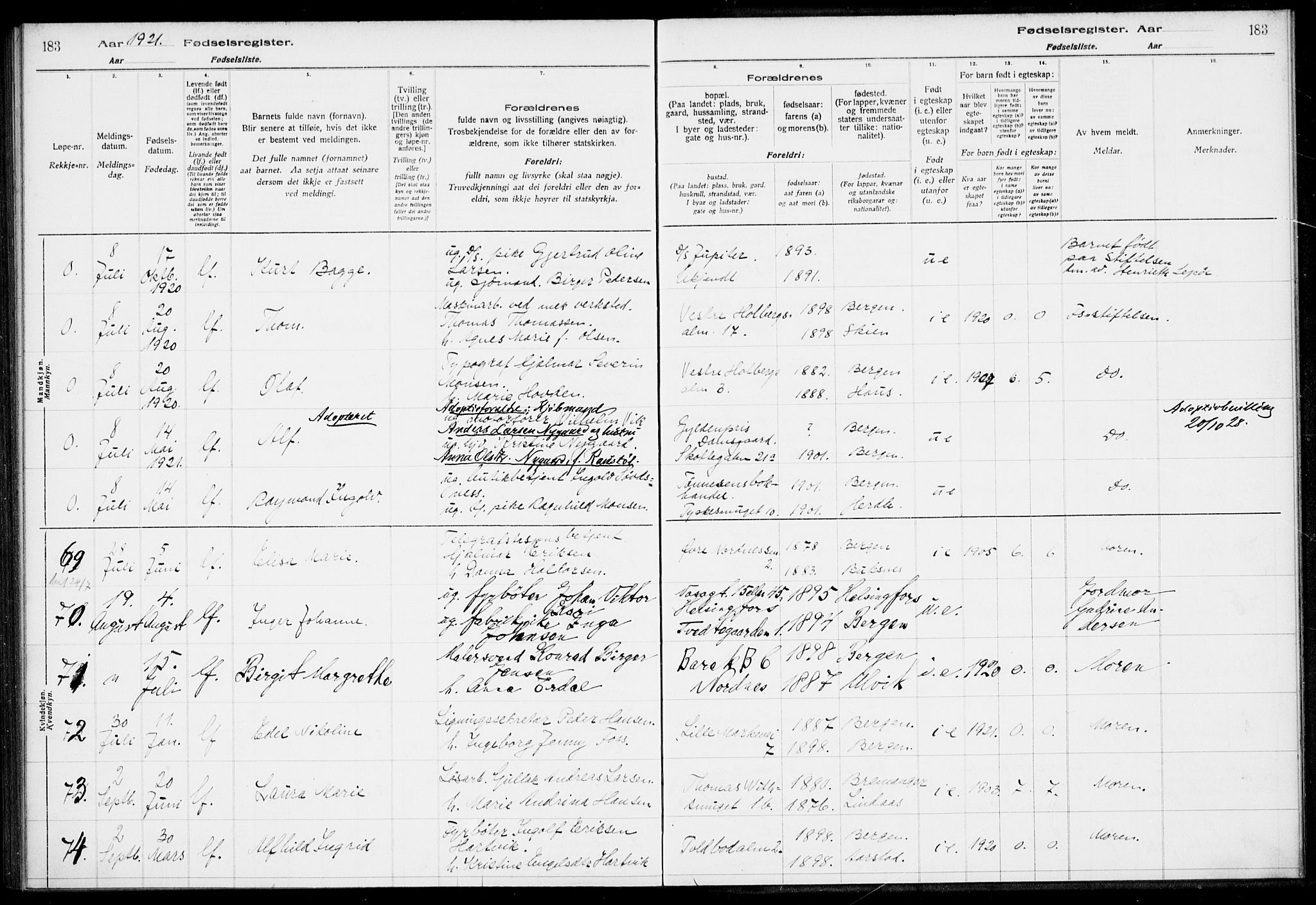 Nykirken Sokneprestembete, SAB/A-77101/I/Id/L00A1: Birth register no. A 1, 1916-1922, p. 183