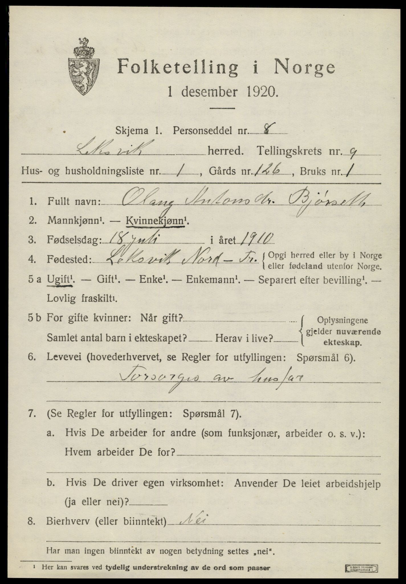 SAT, 1920 census for Leksvik, 1920, p. 6882