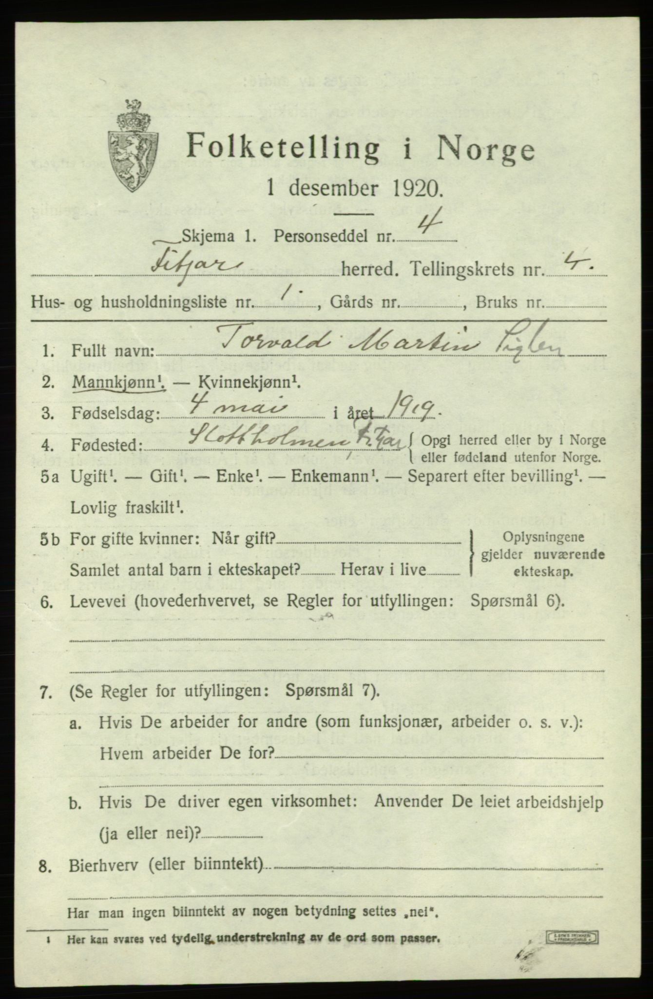 SAB, 1920 census for Fitjar, 1920, p. 2196